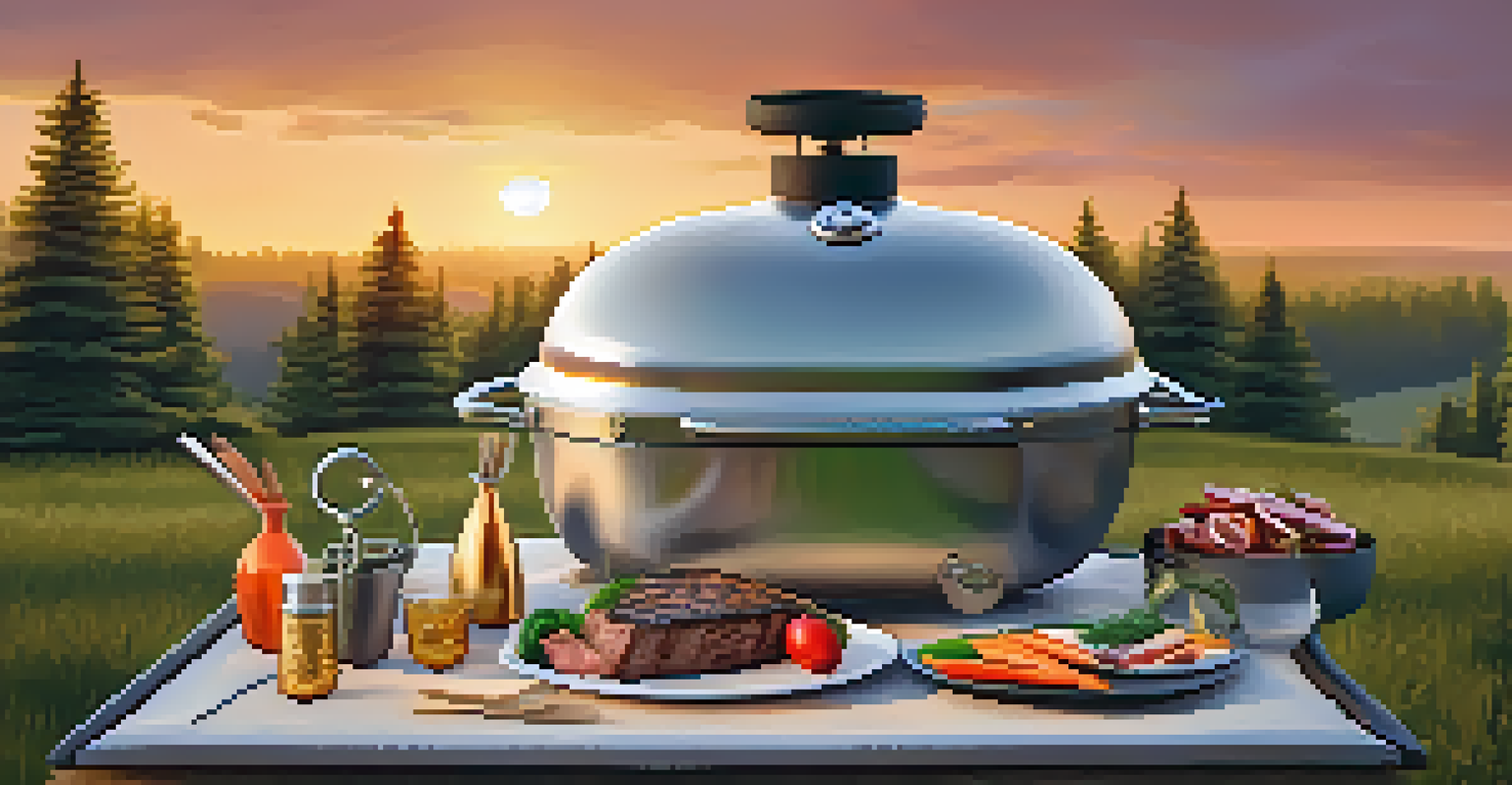An outdoor cooking setup with a portable grill and gourmet dinnerware in a picturesque nature setting.