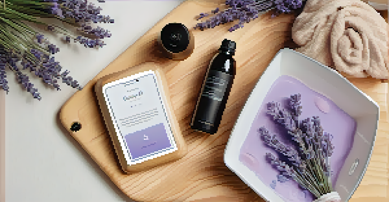A flat lay of a smartphone showing a calming bath playlist, accompanied by lavender and essential oils on a wooden surface.