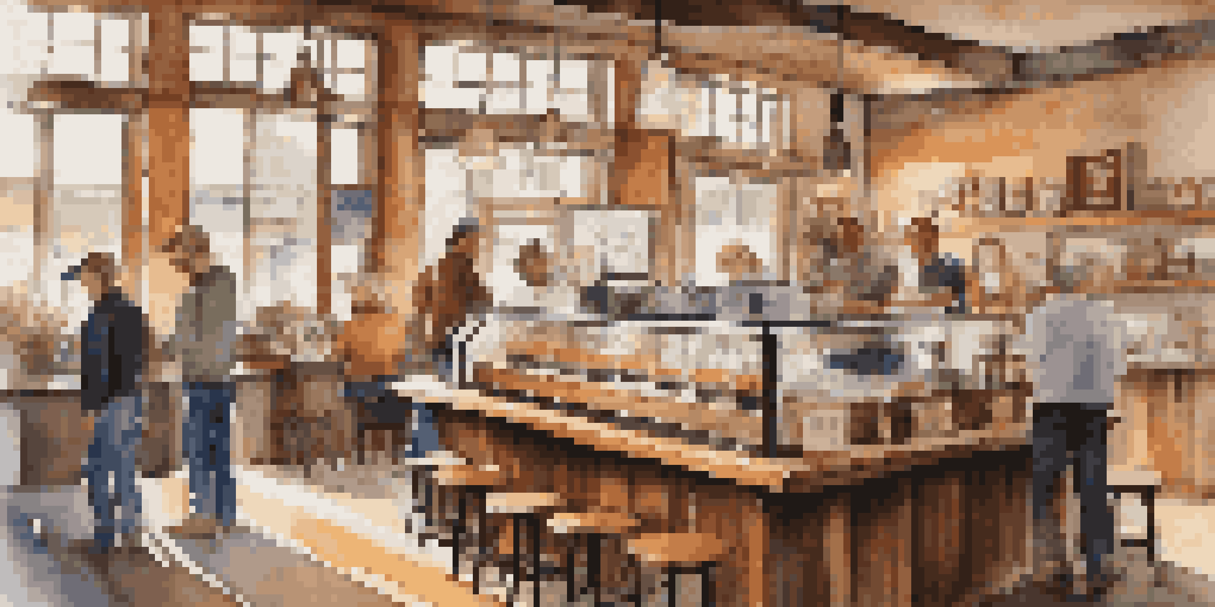 A cozy coffee shop with a barista brewing coffee, patrons chatting at tables, warm lighting, and pastries on display.