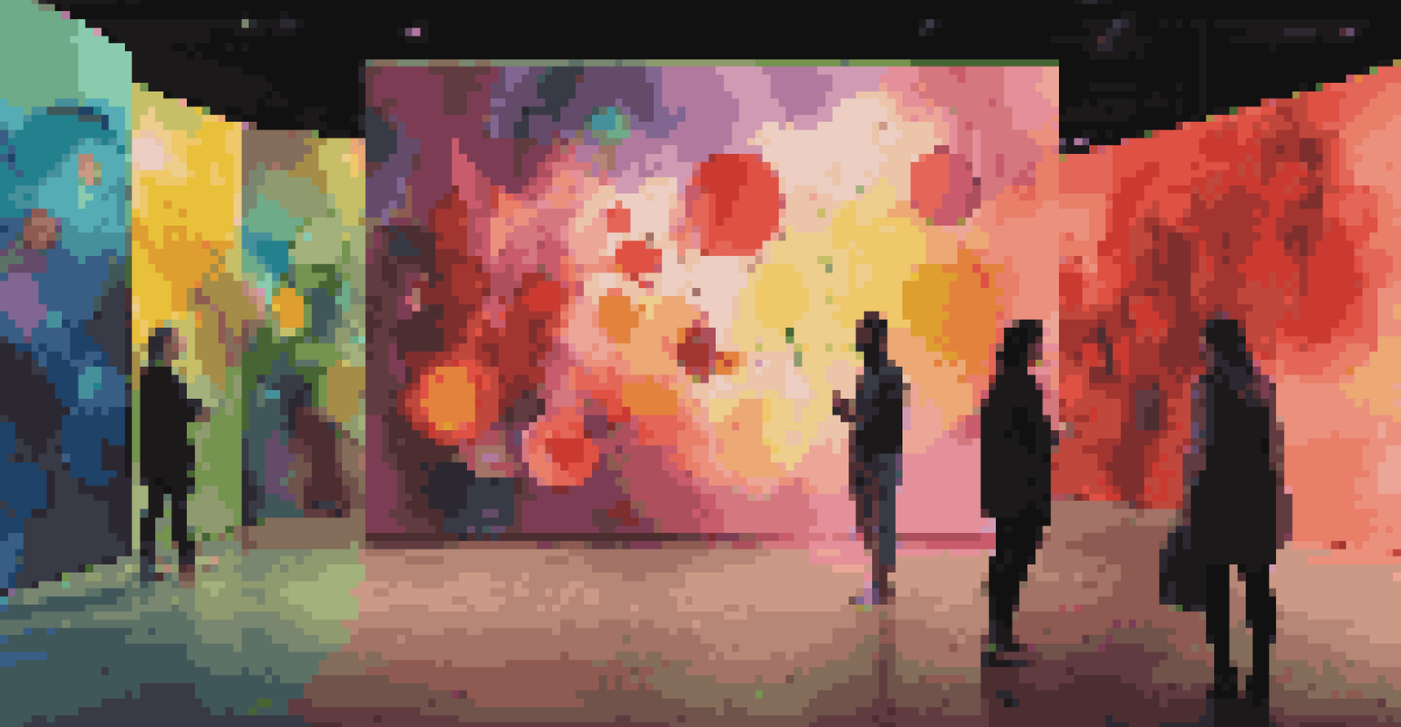 An interactive digital art installation with abstract shapes and vibrant colors that change with viewer movement, set against a dark background.