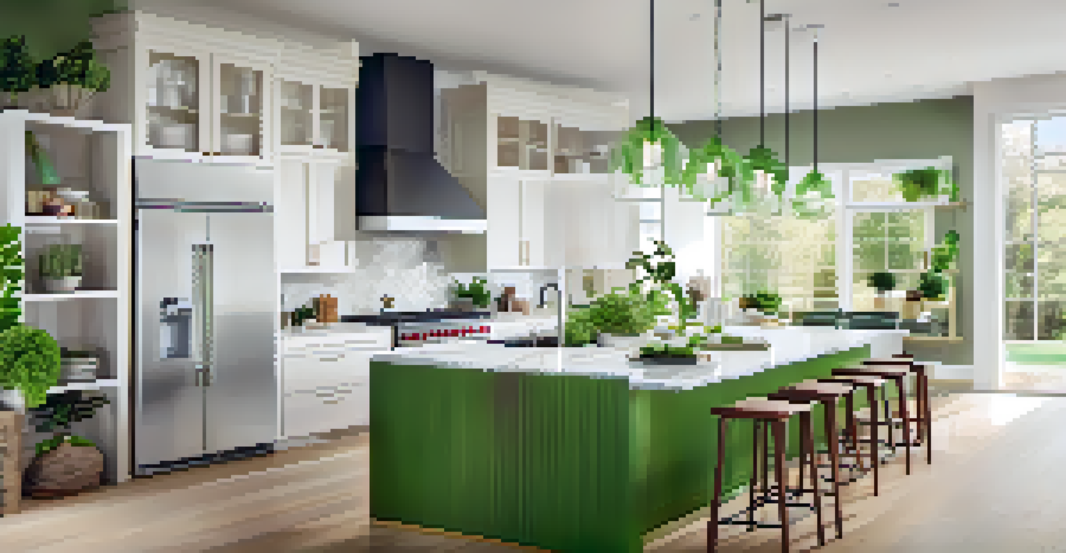 A contemporary kitchen with a large island, bright colors, and natural light, featuring high-end appliances and fresh herbs.