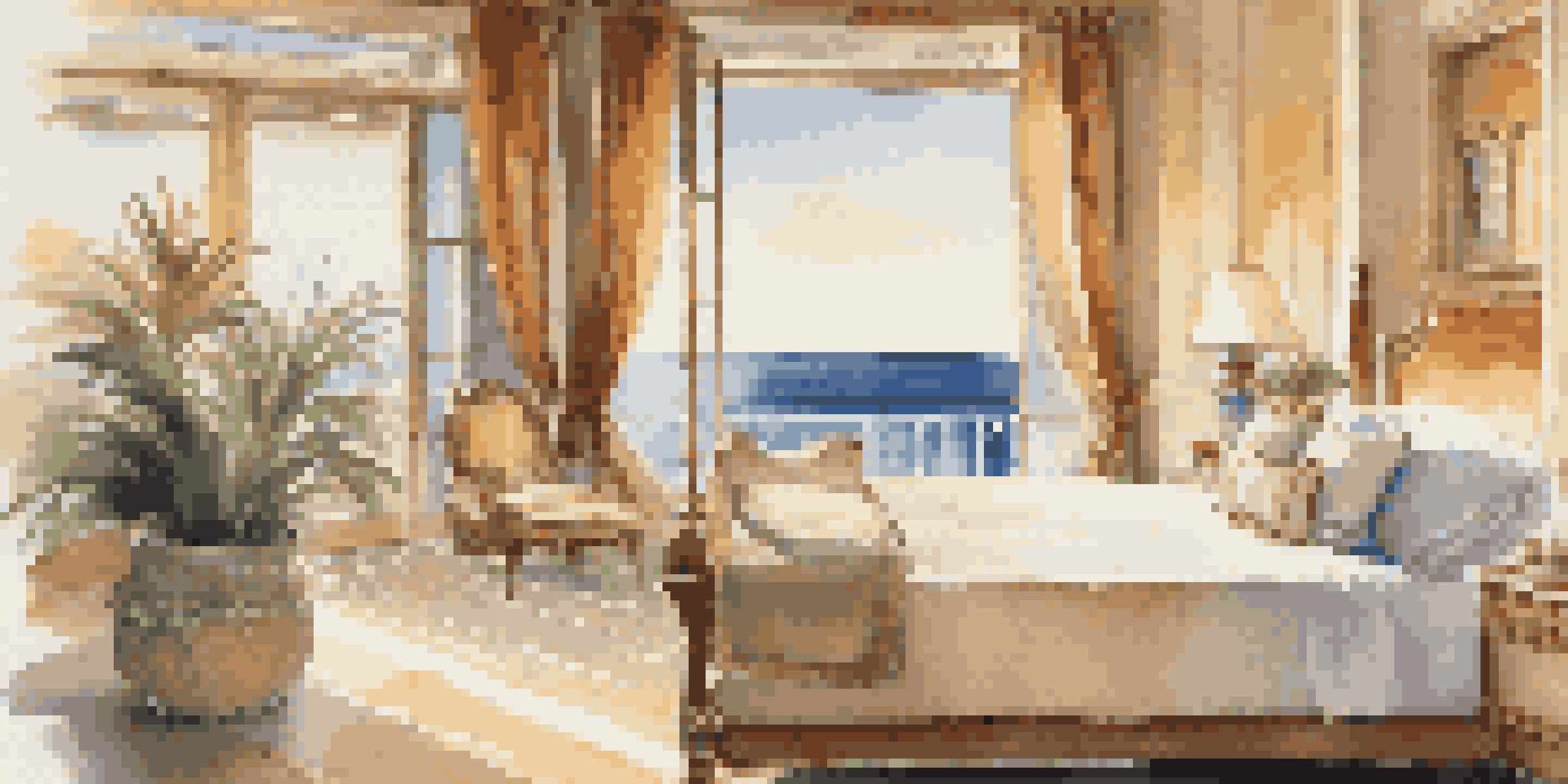 A luxurious hotel suite with a view of the Mediterranean Sea, filled with elegant furniture and natural light.