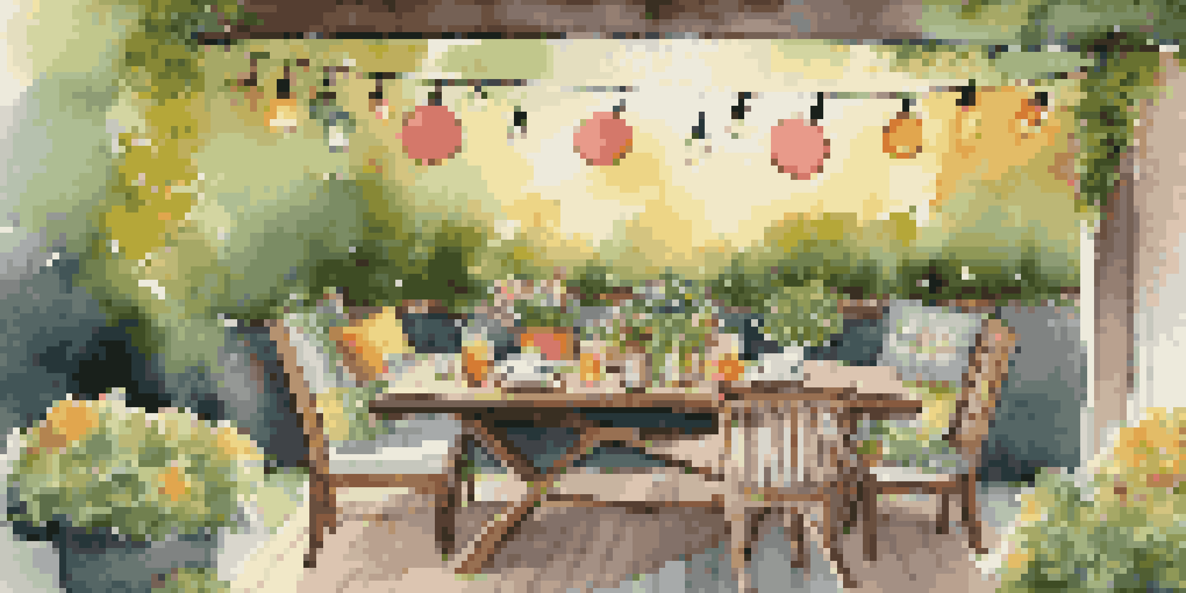 A rustic outdoor dining area with a wooden table, colorful cushions, and string lights, surrounded by lush greenery at sunset.