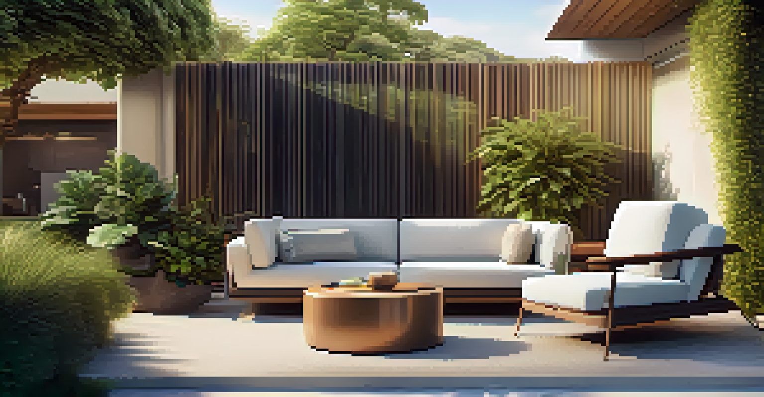 A stylish outdoor lounge with smart furniture, including a reclining chair and a charging coffee table, surrounded by greenery.