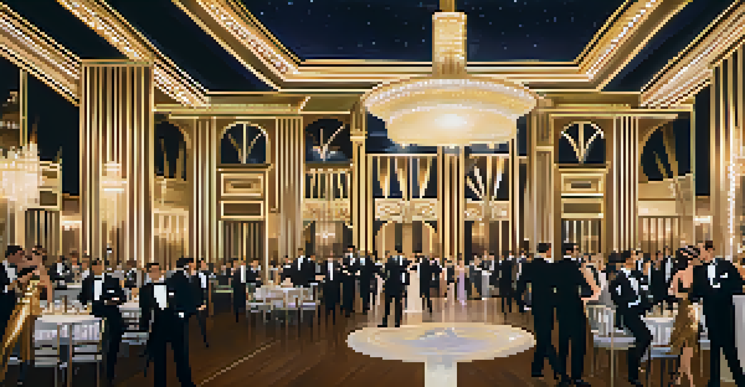 A luxurious ballroom decorated in Gatsby style with art deco elements, golden accents, and guests in 1920s attire dancing to jazz music.