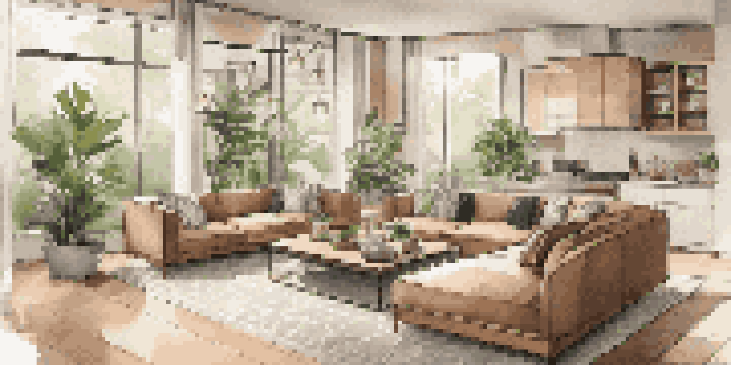A bright and luxurious living room with modern furniture, smart gadgets, and indoor plants, showcasing a comfortable and sophisticated environment.