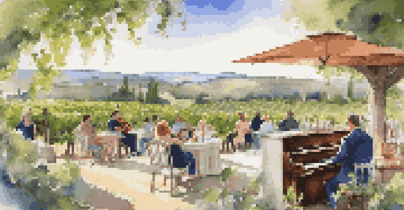 A musician playing piano in a vineyard, with guests enjoying a private concert amidst the grapevines.
