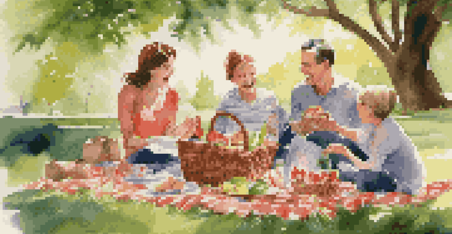 A family having a joyful picnic in a green park, surrounded by delicious food and nature.
