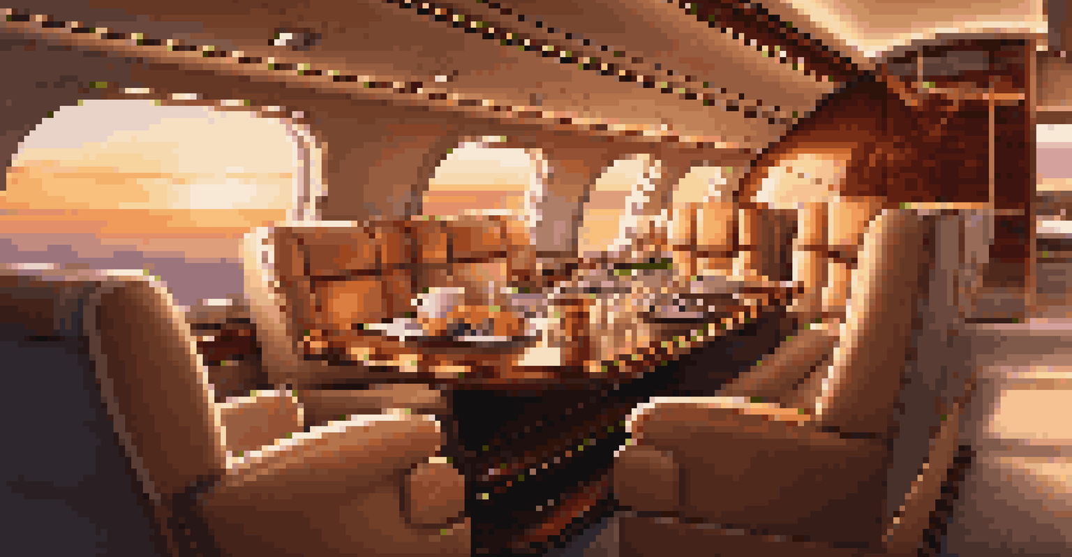 Interior of a luxurious private jet with plush seats and a sunset view outside the windows.