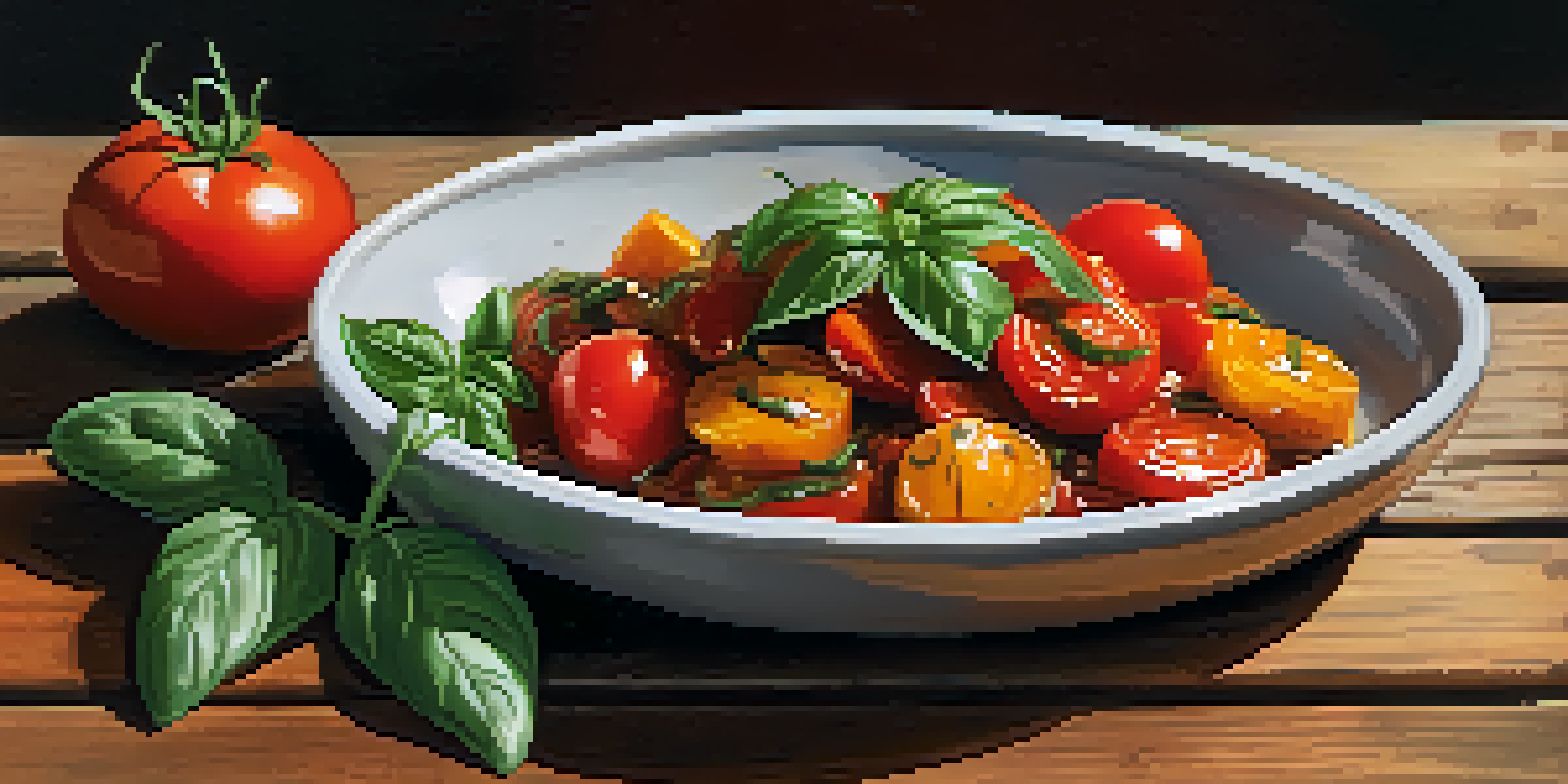 A colorful dish with tomato sauce, fresh basil, and roasted vegetables on a wooden table, illuminated by natural light.