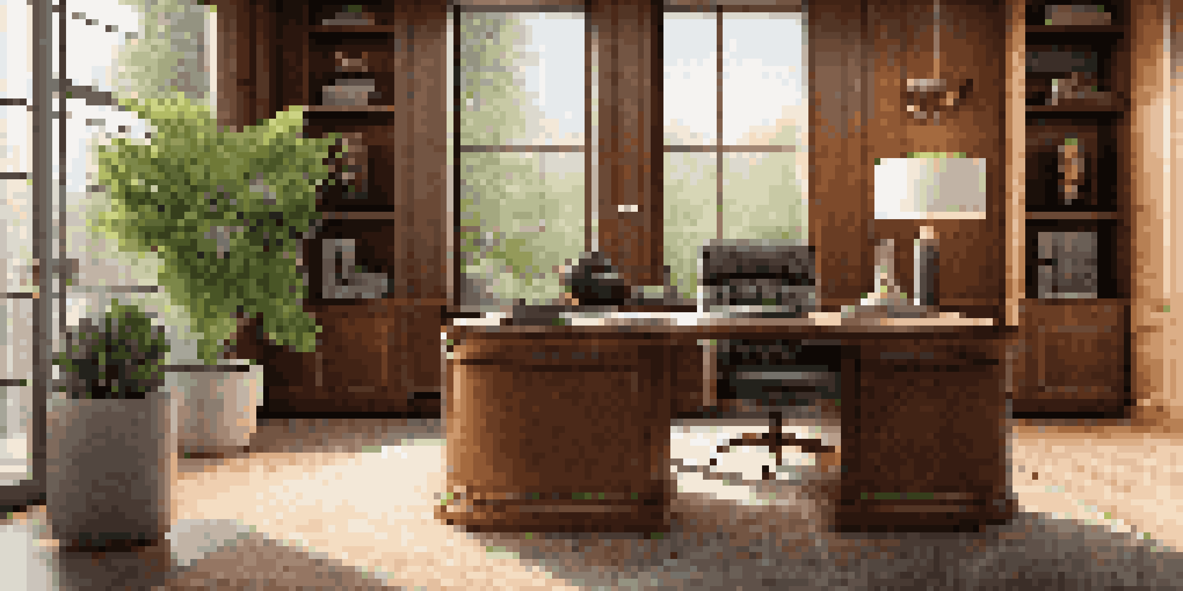 A stylish home office with a wooden textured wall, modern desk, leather chair, and a potted plant.