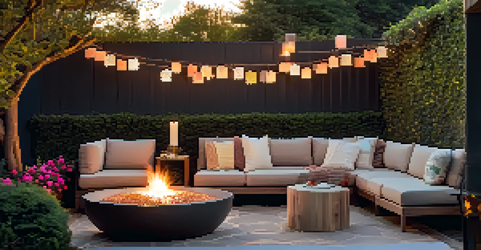 An elegant outdoor lounge with a fire pit, comfortable seating, and decorative lanterns in a lush garden setting.