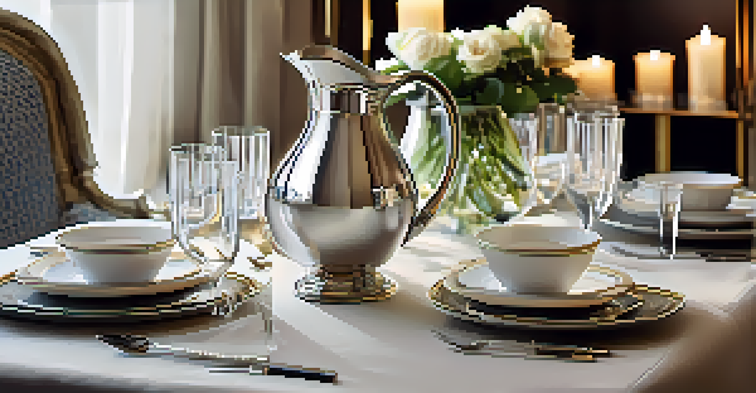 An elegant water pitcher on a dining table set for fine dining, with candles and soft lighting creating a sophisticated ambiance.