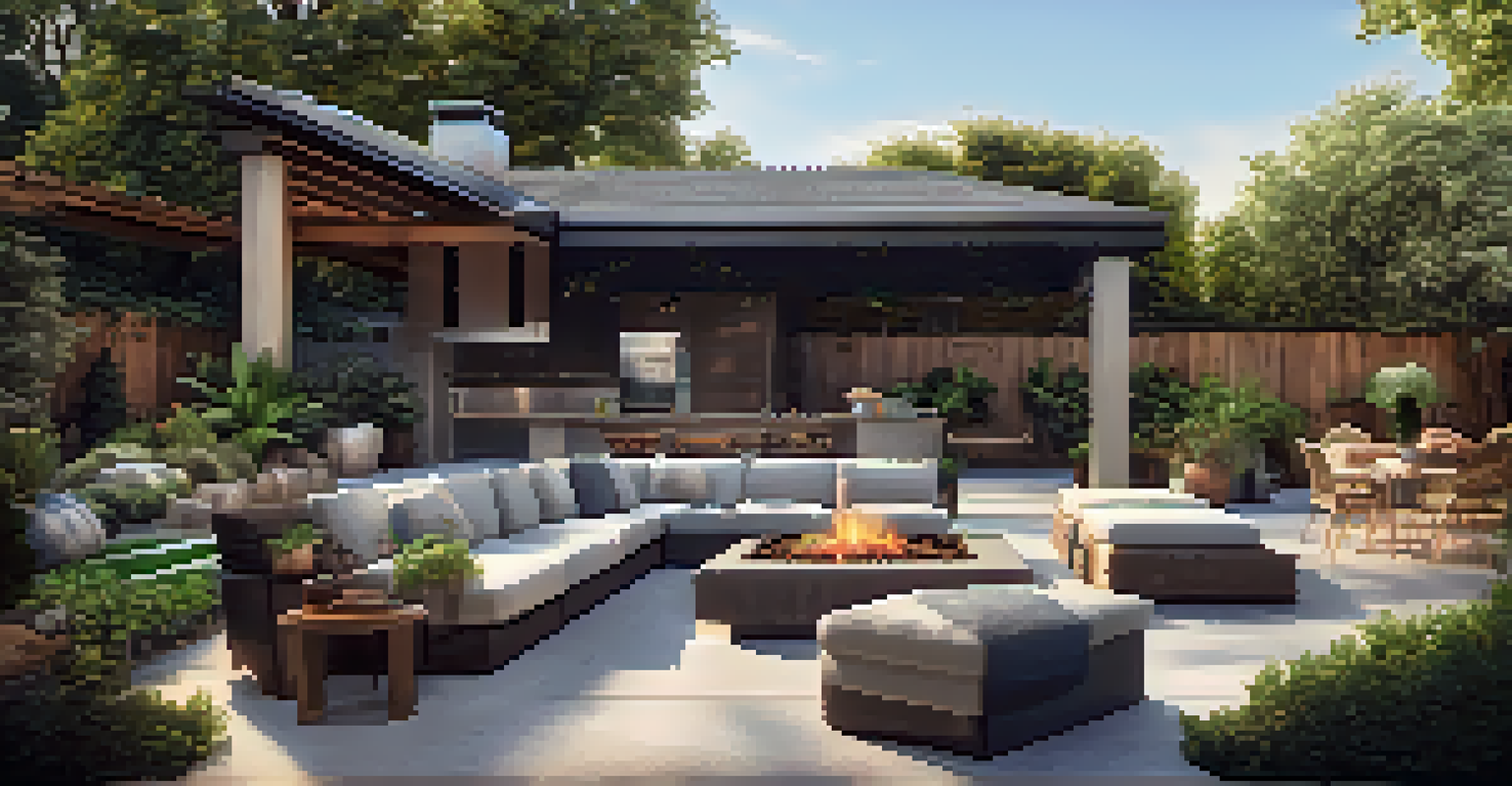 An elegant outdoor patio with automated shading, stylish furniture, and a central fire pit surrounded by greenery.