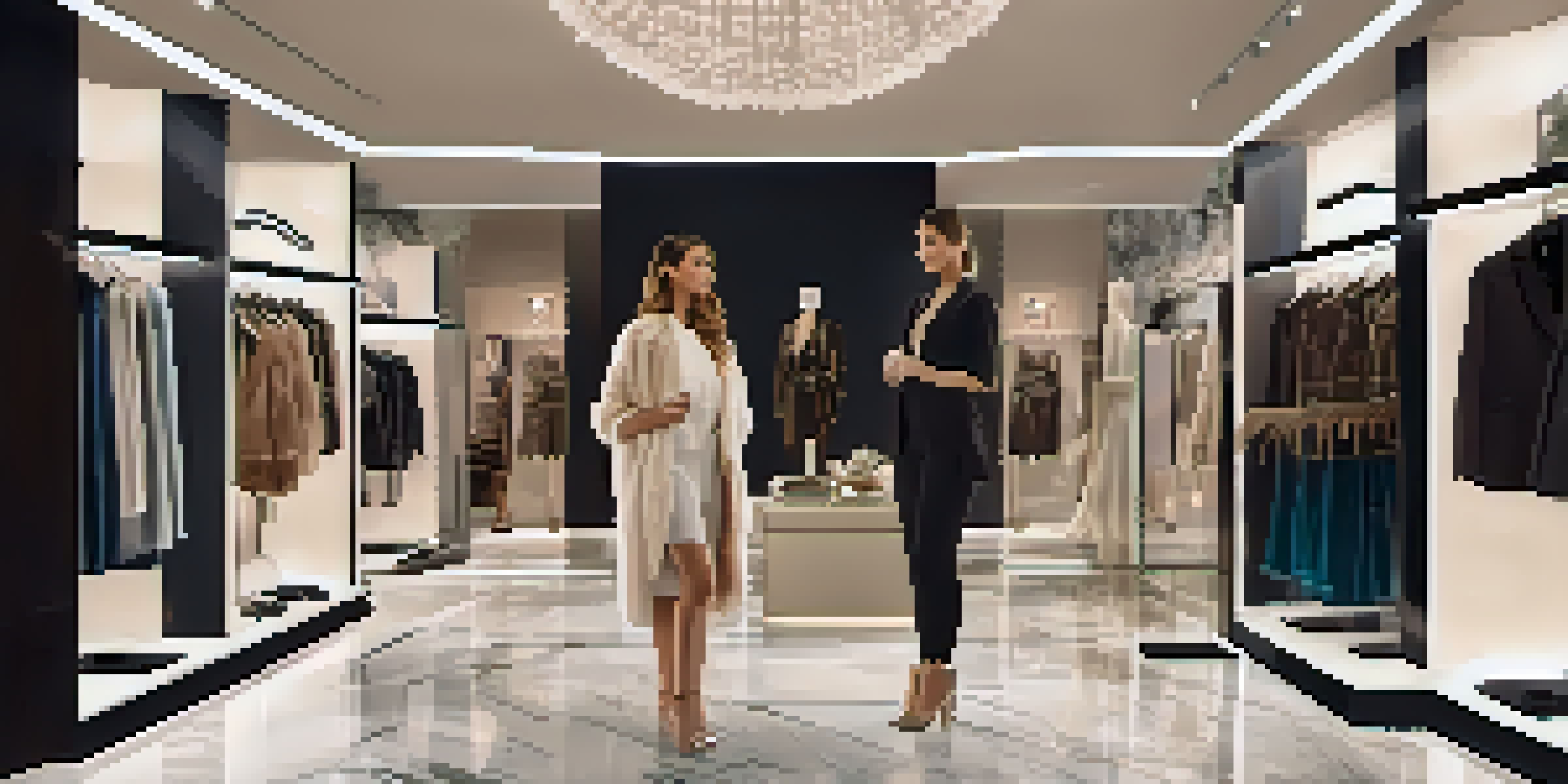 A luxury retail store where a customer interacts with augmented reality, trying on designer outfits in a virtual fitting room surrounded by elegant decor.
