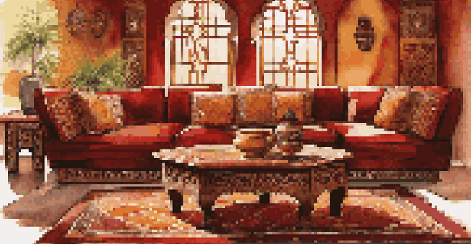 A Moroccan table with intricate carvings in a well-decorated living room, featuring rich colors and traditional patterns.