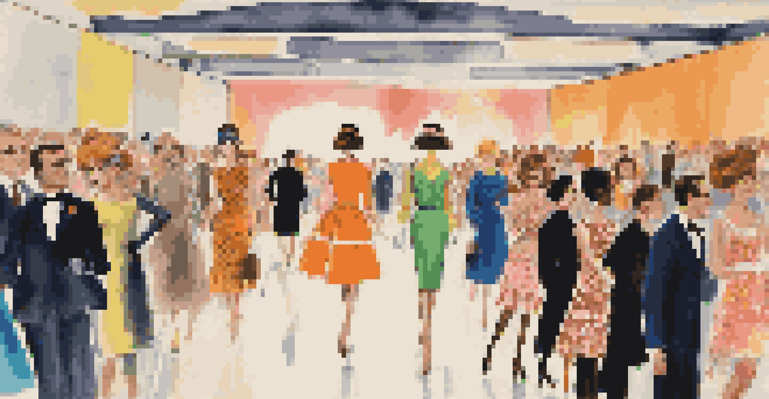 A vibrant vintage fashion show with models in 1960s mod attire, showcasing bold patterns and lively hairstyles on a colorful runway.