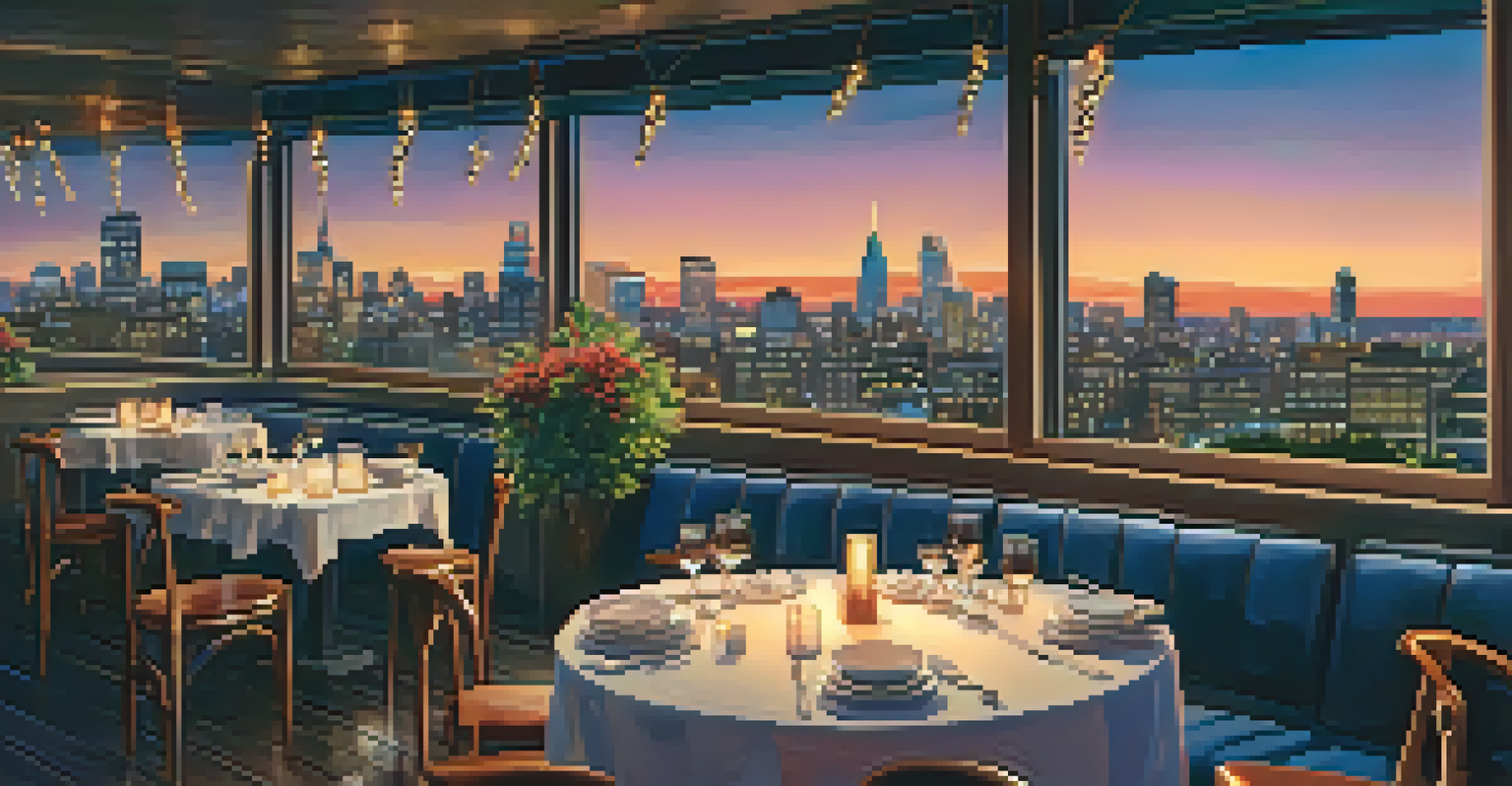 A rooftop restaurant with city skyline views at dusk, featuring a table with a dessert and string lights.