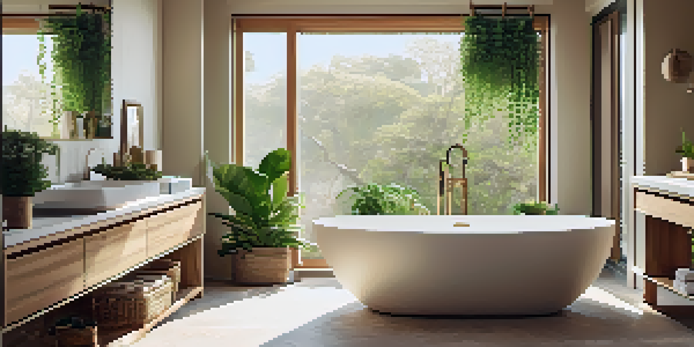 A tranquil bathroom with a freestanding bathtub, surrounded by greenery and wooden features, illuminated by natural light from a window.
