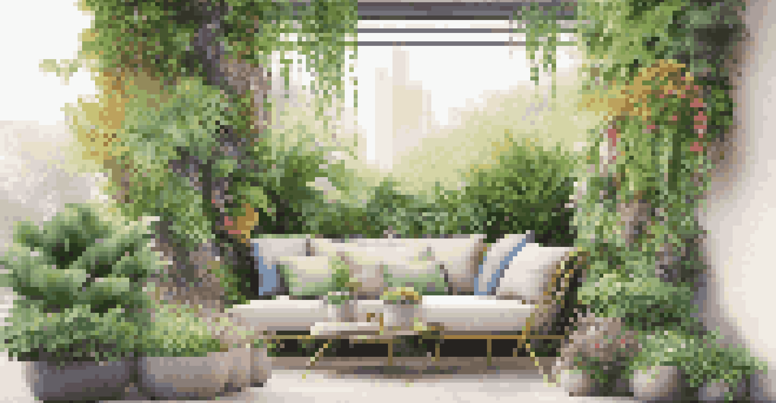 A beautiful vertical garden wall with various plants and flowers, illuminated by sunlight, next to a cozy seating area.