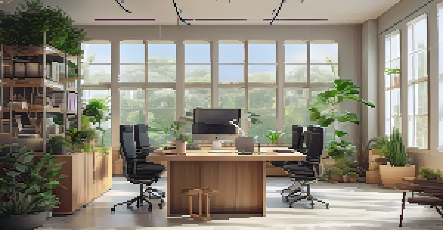 An eco-friendly office with sustainable furniture, energy-efficient devices, and decorative plants, creating a warm and inviting luxury workspace.