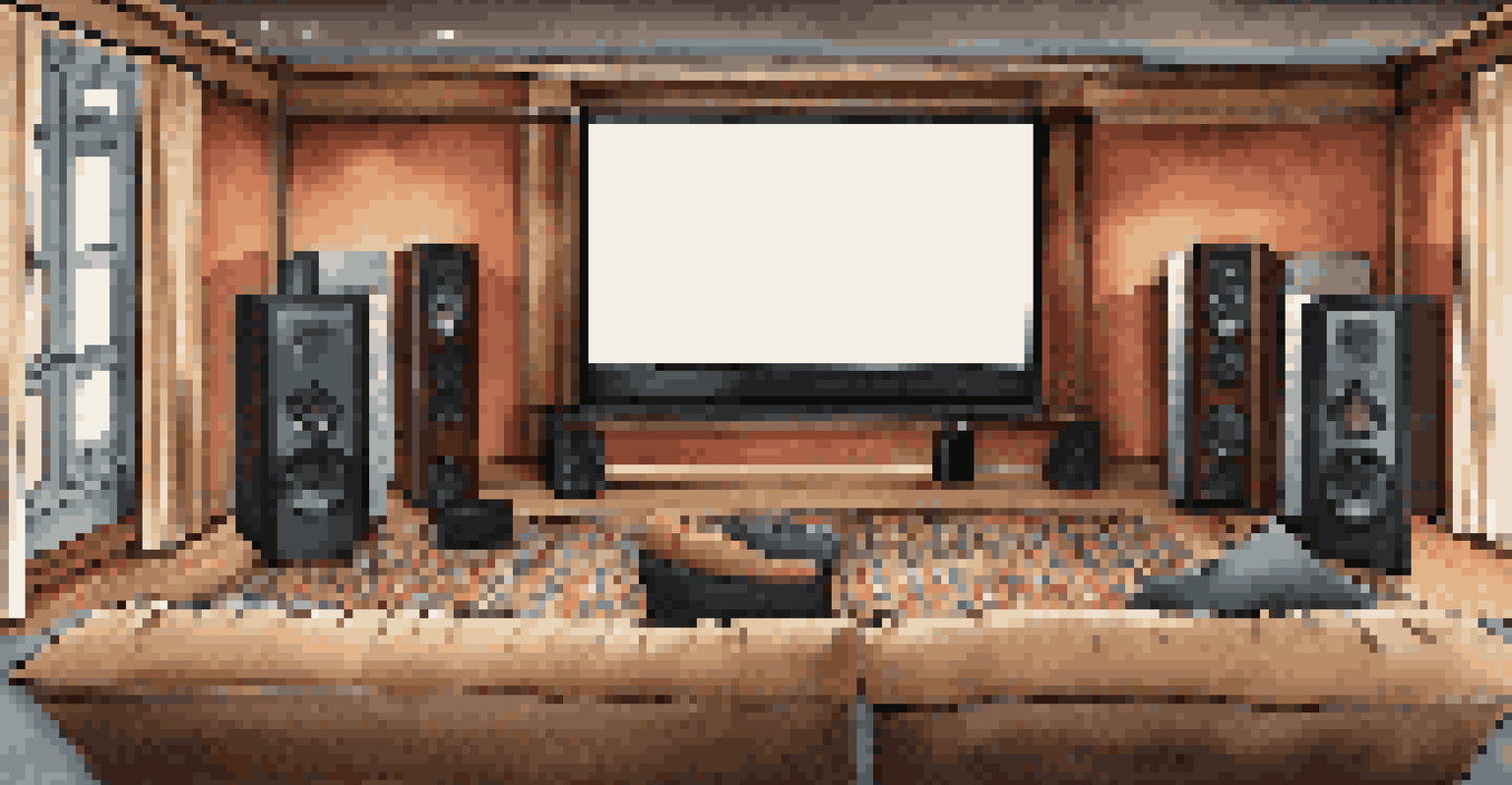 A home theater room optimized for sound, featuring acoustic treatments, positioned speakers, and a large screen displaying audio streaming service.