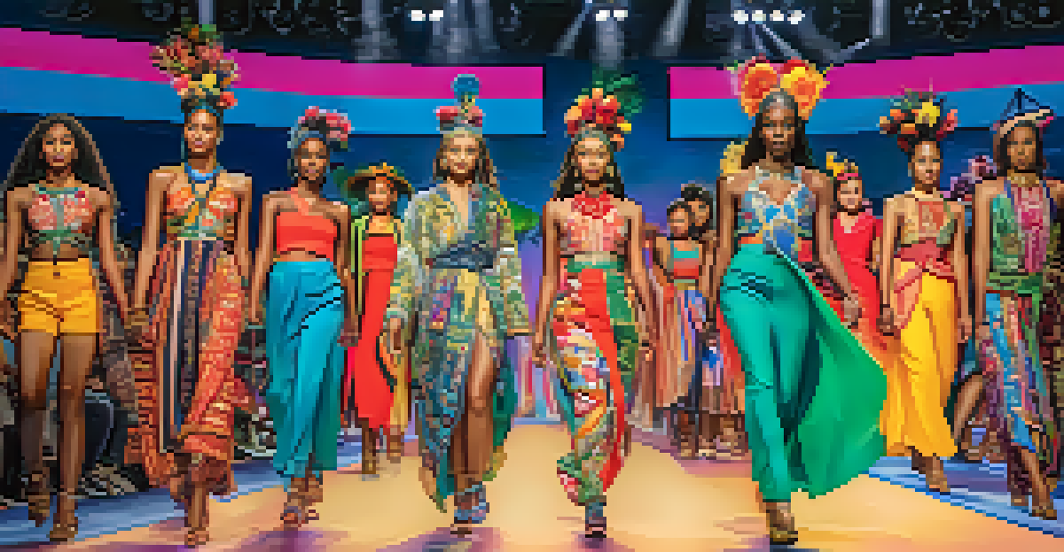 Models of diverse backgrounds showcasing cultural outfits on a lively fashion show runway, with an enthusiastic audience.