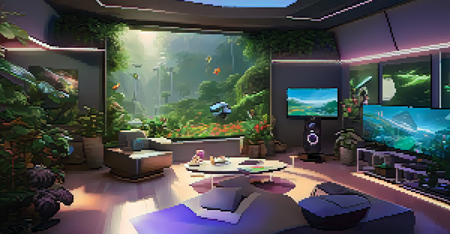 A futuristic gaming setup with a virtual reality station and dynamic lighting in a spacious room.