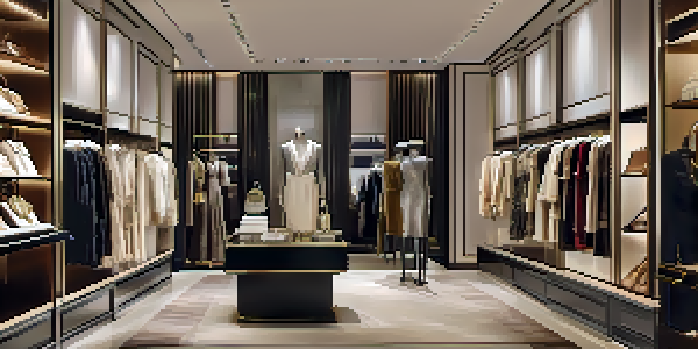 An elegant boutique interior showcasing personalized shopping with a personal shopper assisting a client amidst luxurious fashion displays.
