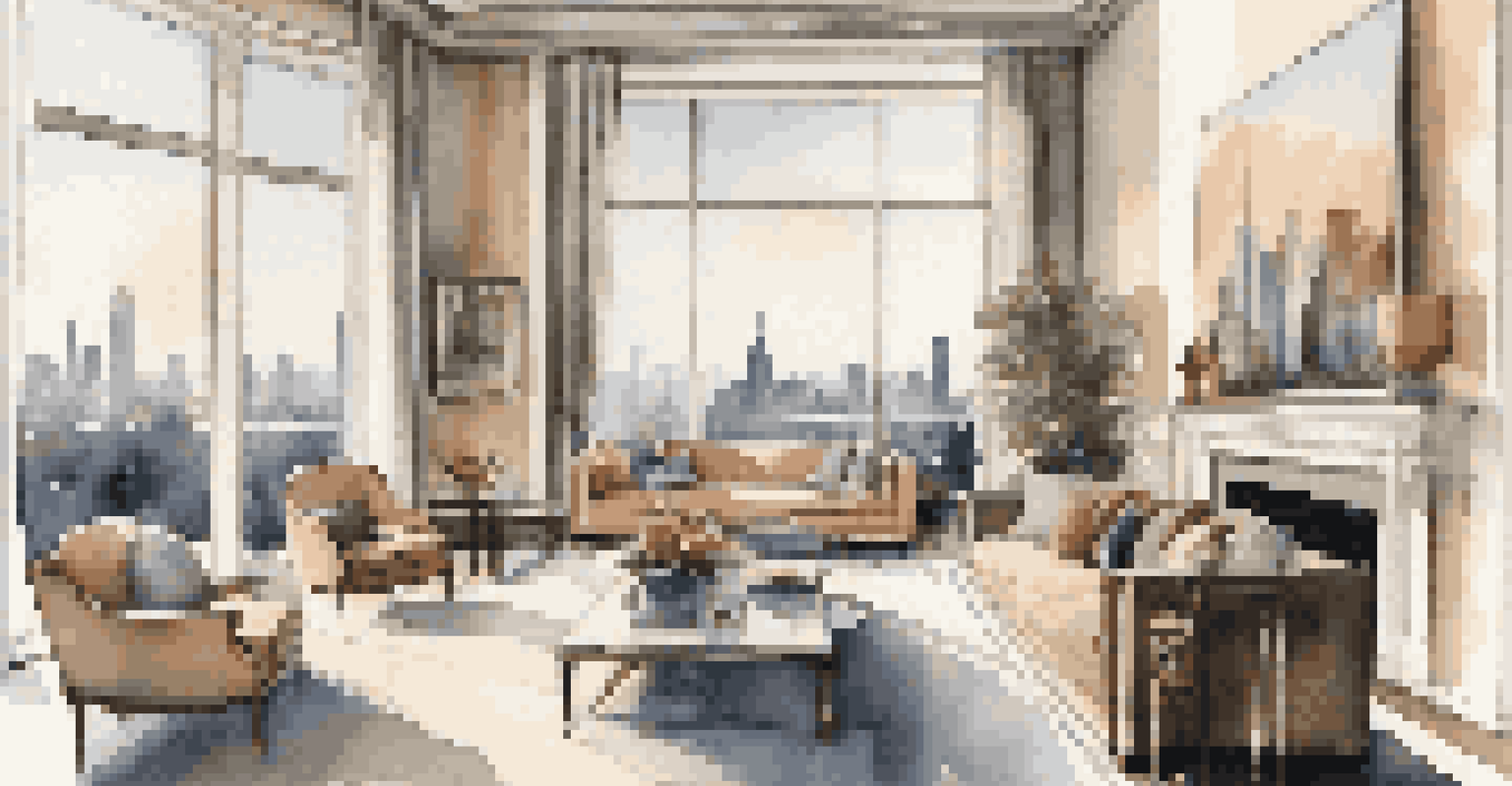 A stylish luxury living room with modern furniture and a view of the city skyline through large windows.
