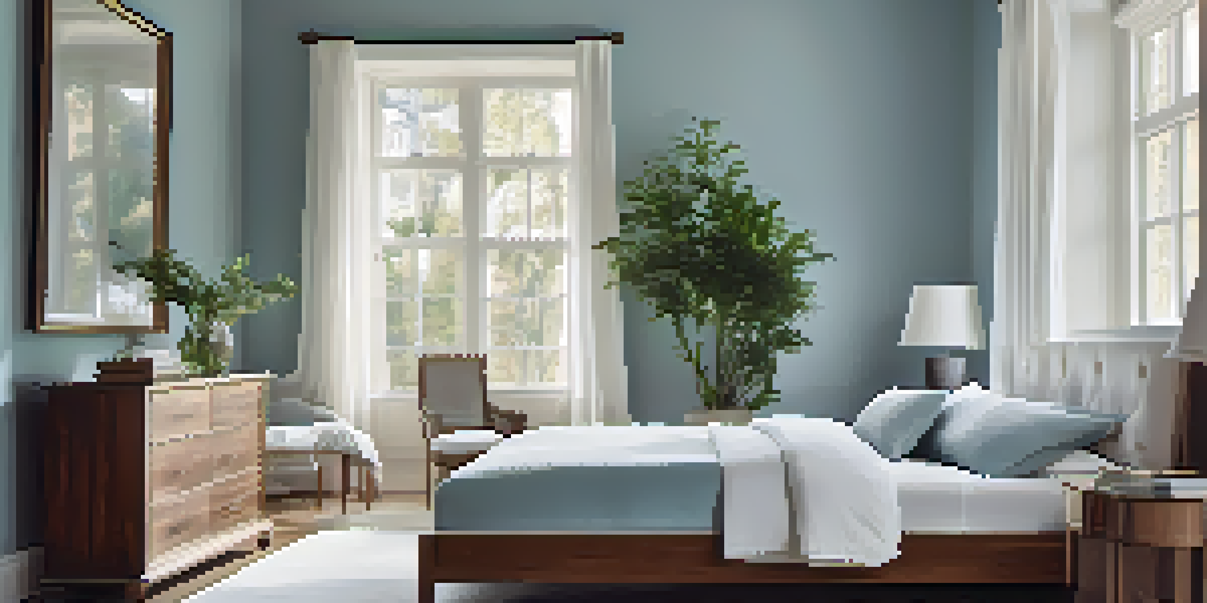 A peaceful bedroom with blue walls, white bed linens, and bright natural light from large windows.
