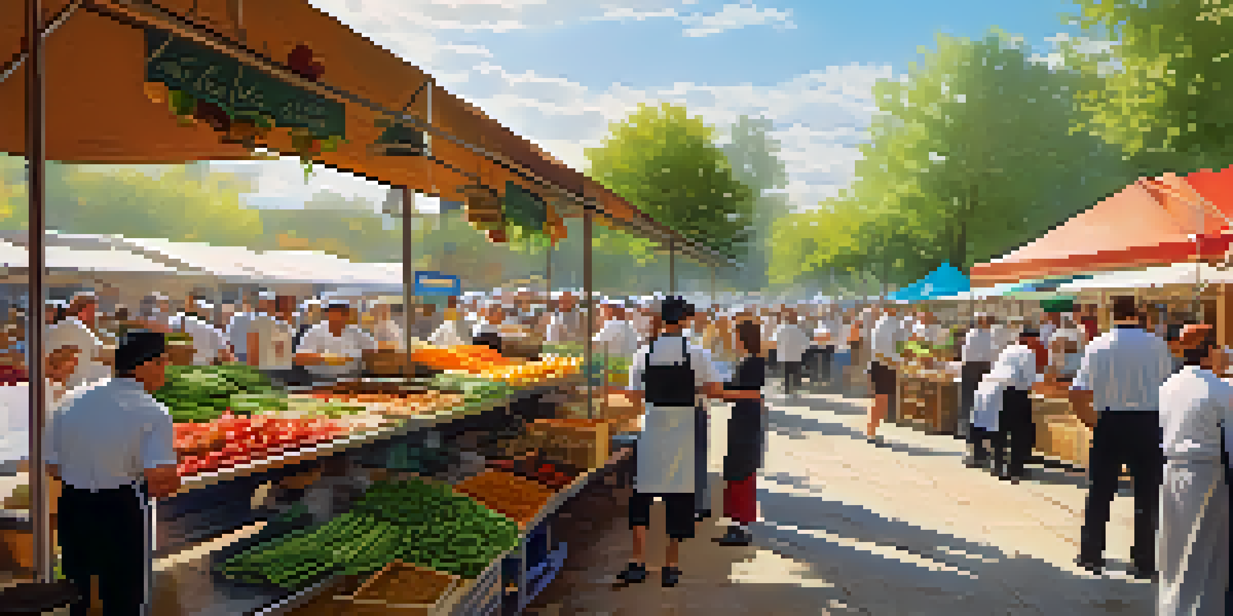 A lively outdoor culinary festival with chefs cooking at stalls and visitors sampling food under warm sunlight.