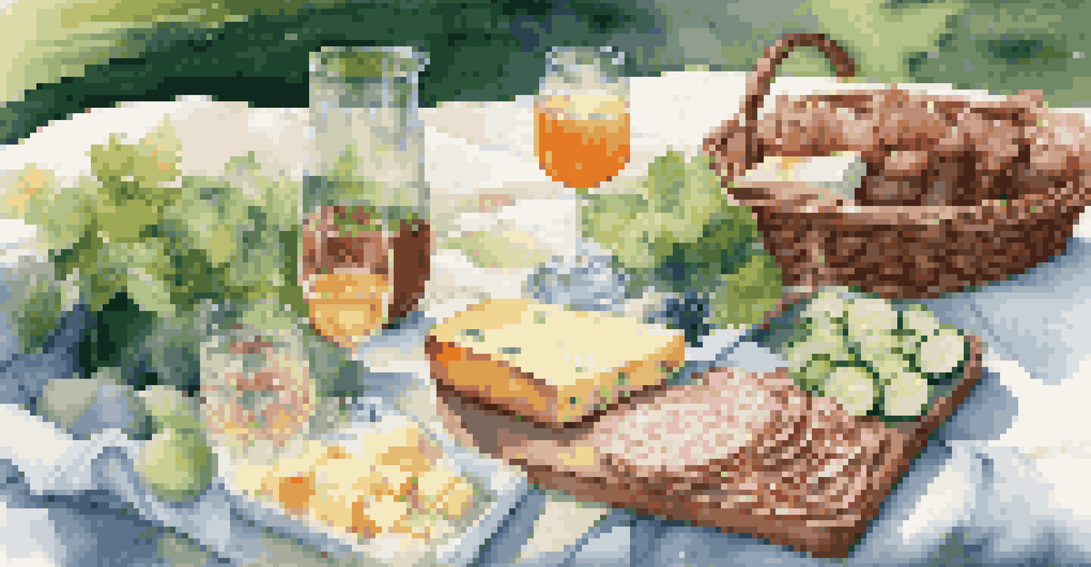 A picnic spread featuring cheeses and a cucumber mint mocktail in an outdoor setting.