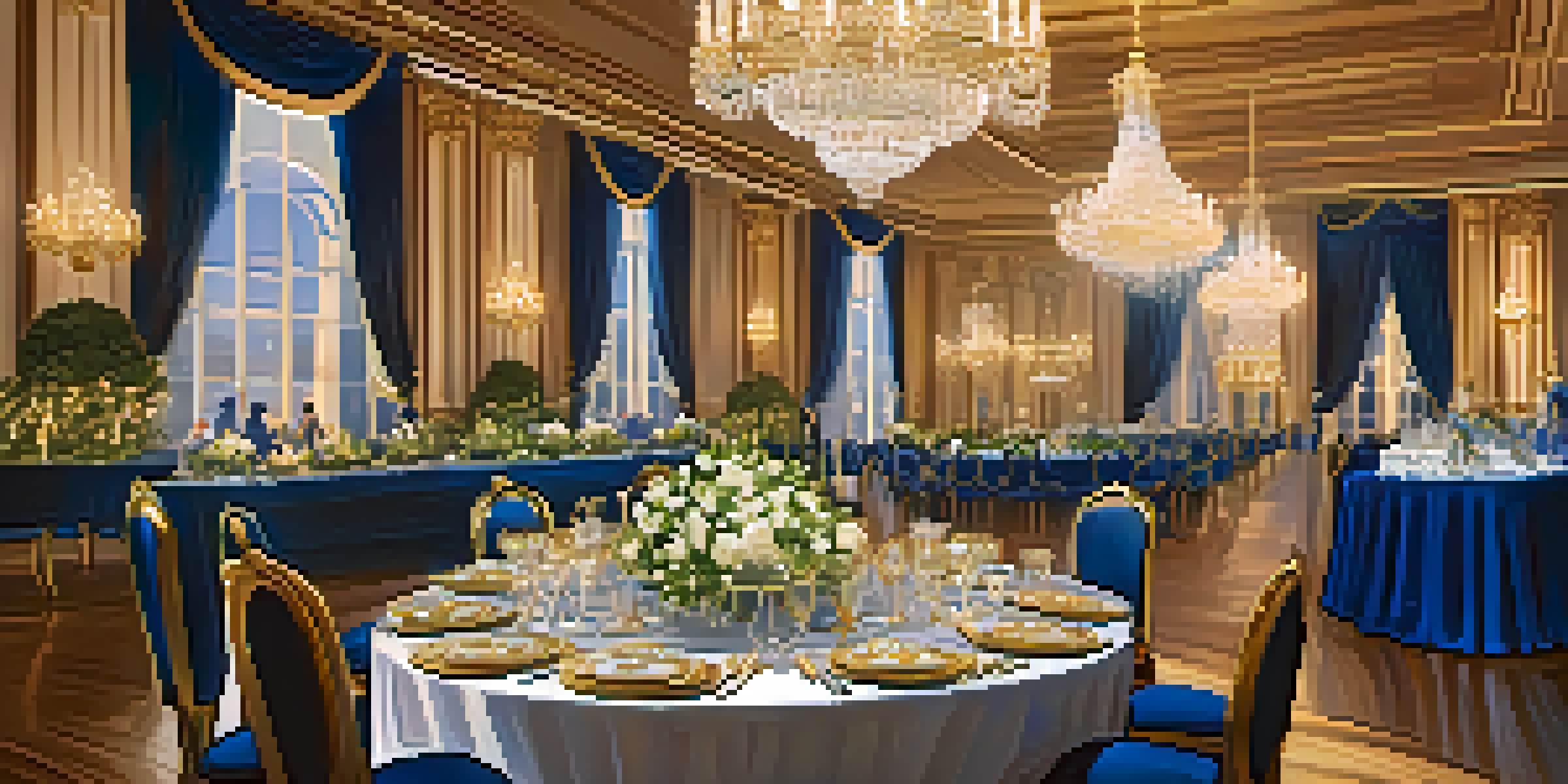 An opulent ballroom decorated for a luxury event, with a chandelier, elegant tables set with fine china, and guests in formal attire.