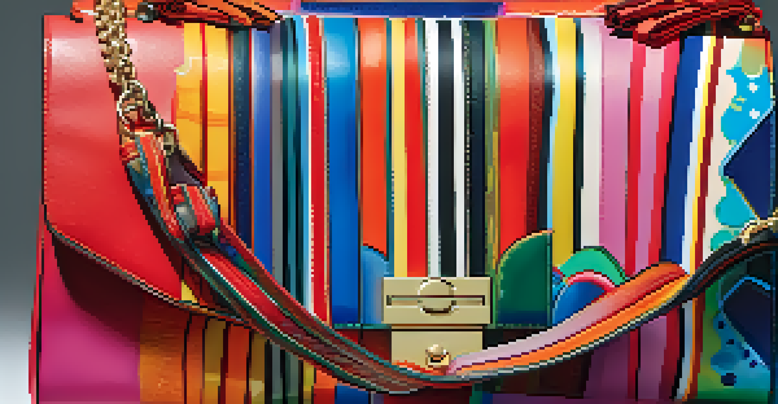Close-up of a luxury bag with vibrant colors and intricate patterns highlighting a limited edition collaboration design under soft lighting.