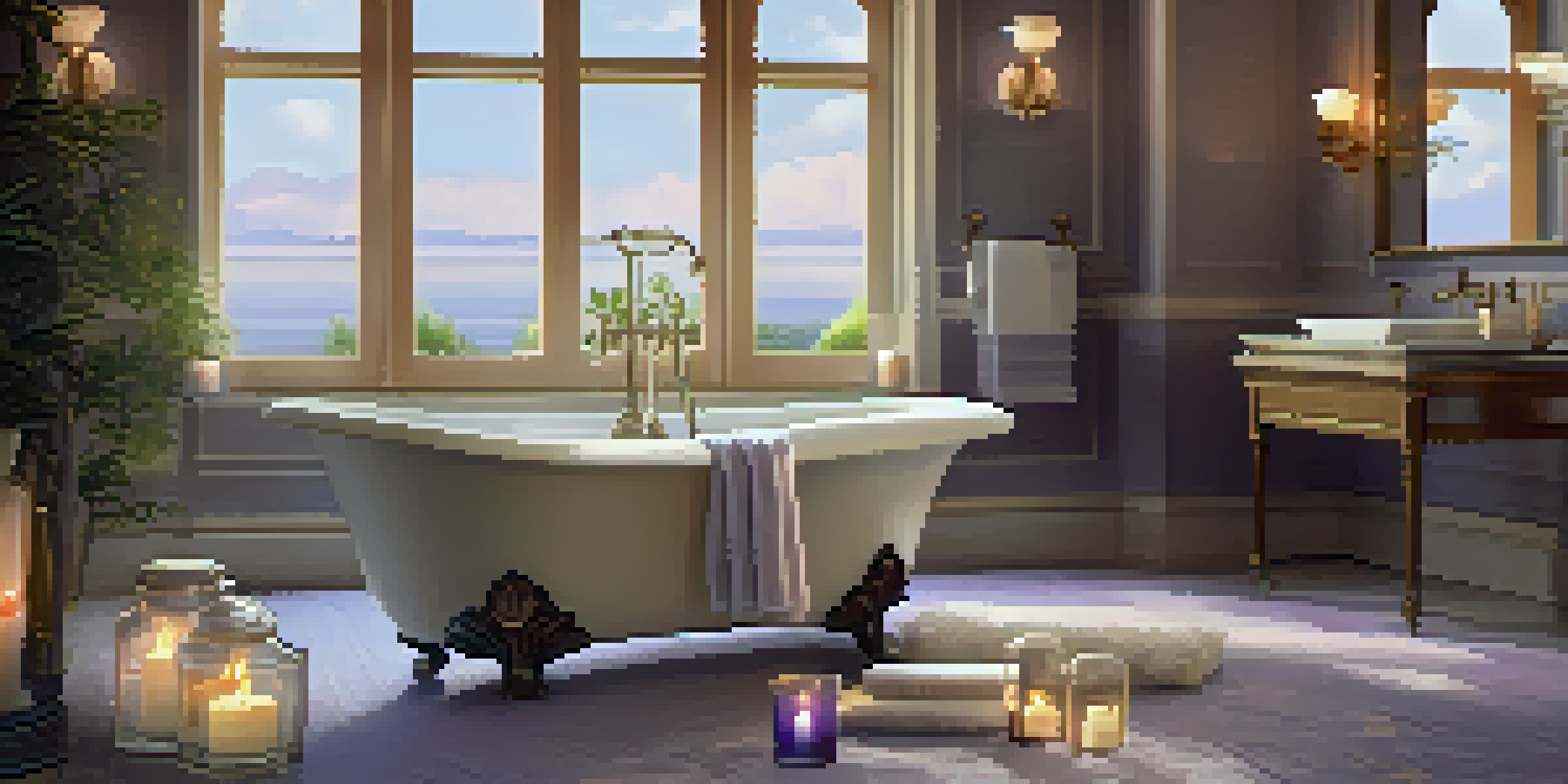 A calming bathroom with a filled bathtub, surrounded by candles and lavender flowers, illuminated by natural light.