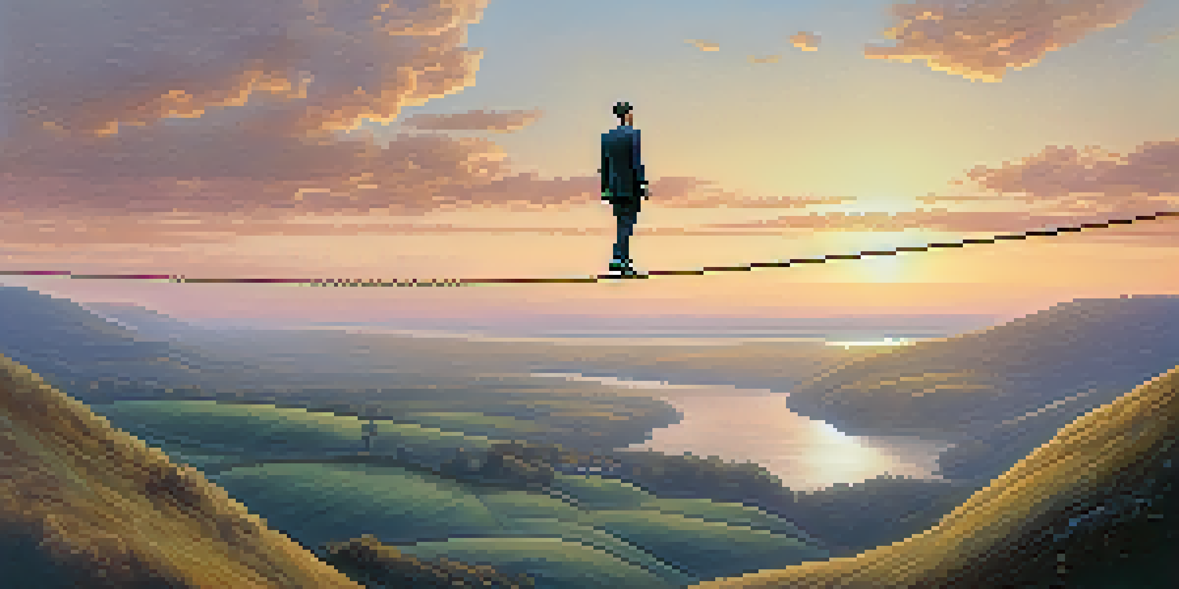 A person walking a tightrope above a picturesque landscape at sunset, depicting the balance between luxury and financial responsibility.