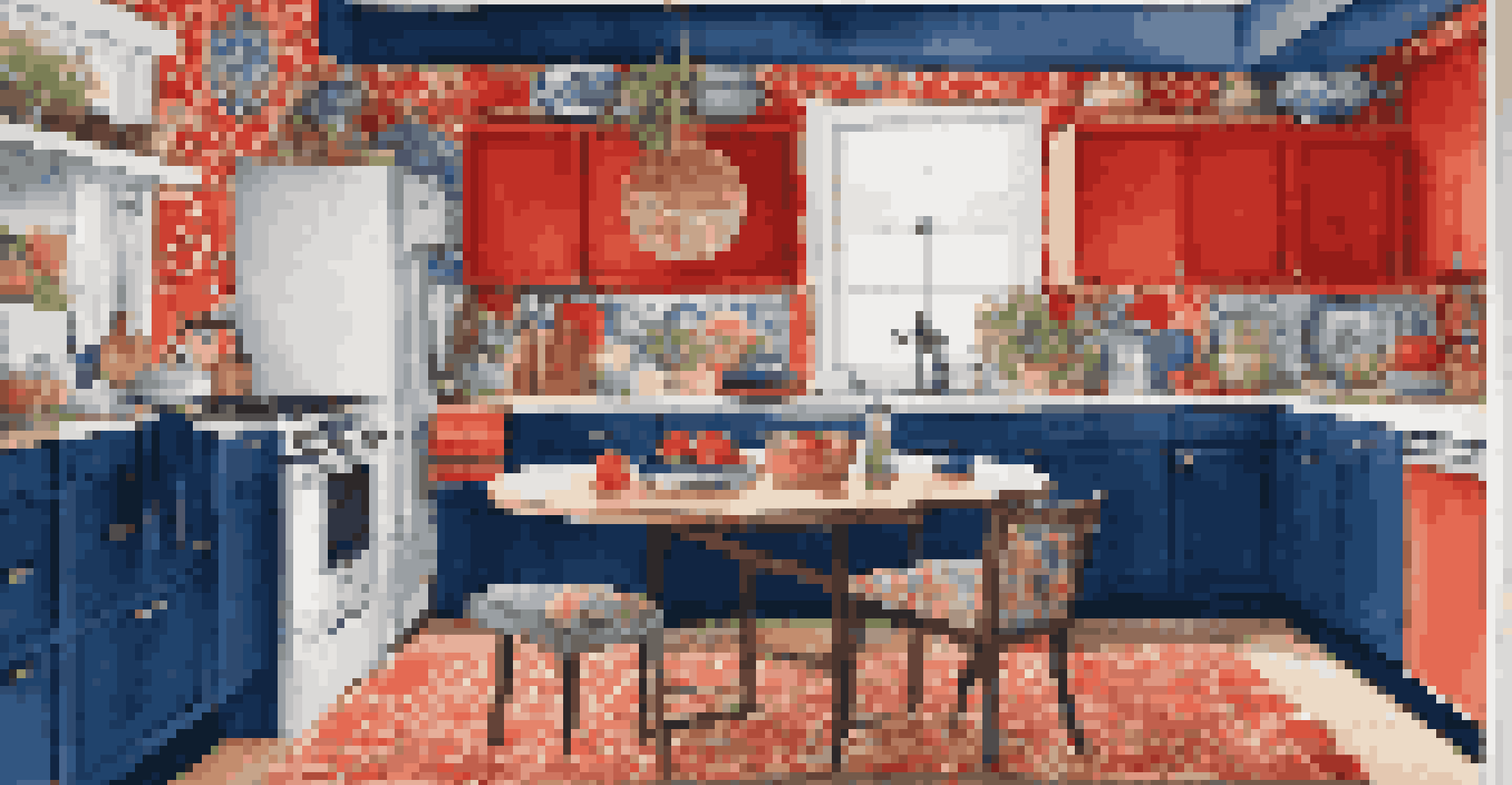 A colorful kitchen with bold blue cabinets and red accents, showcasing eclectic patterns and a lively atmosphere.