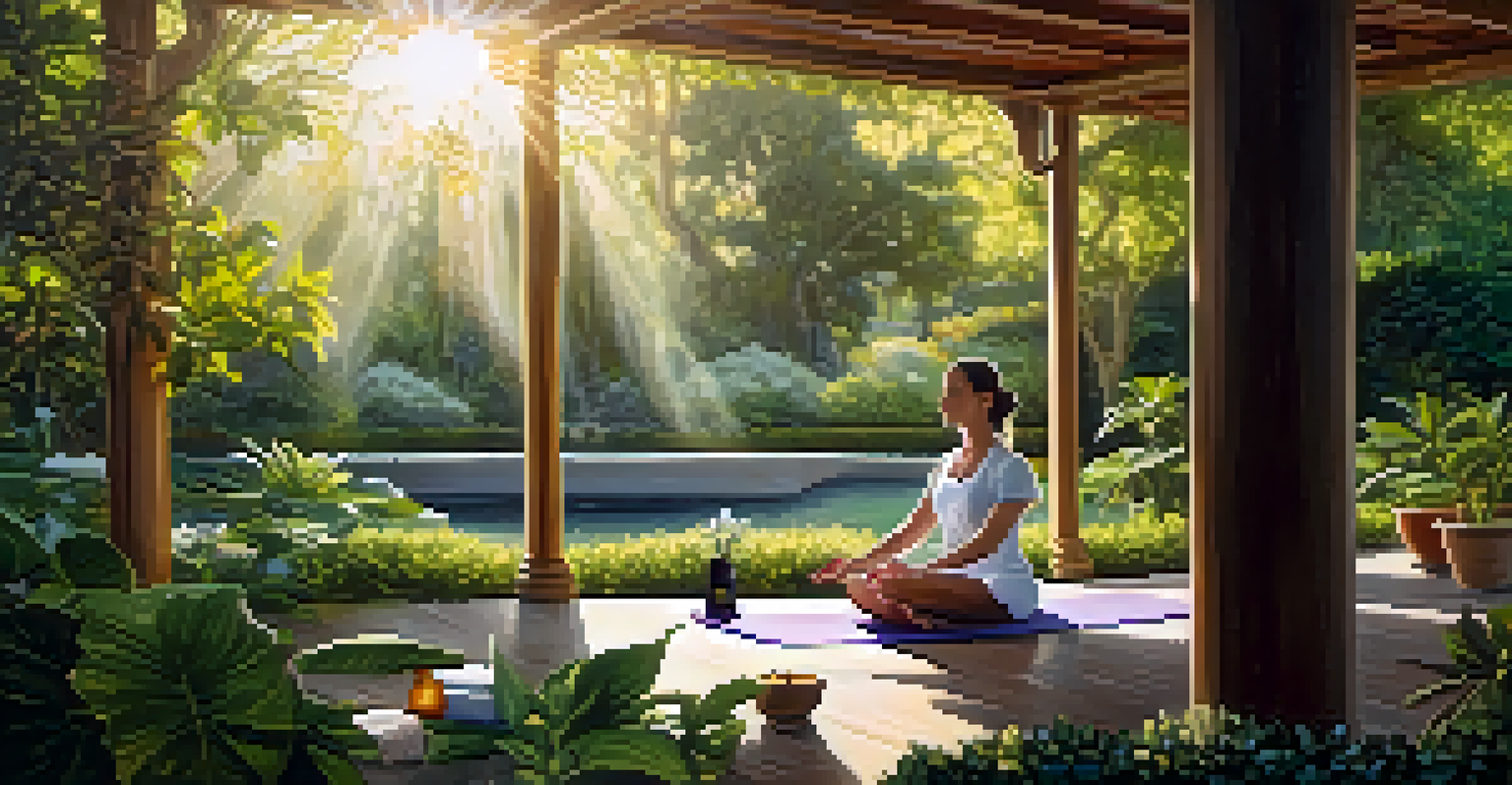 A person doing yoga in a garden with spa products nearby, surrounded by nature and sunlight.