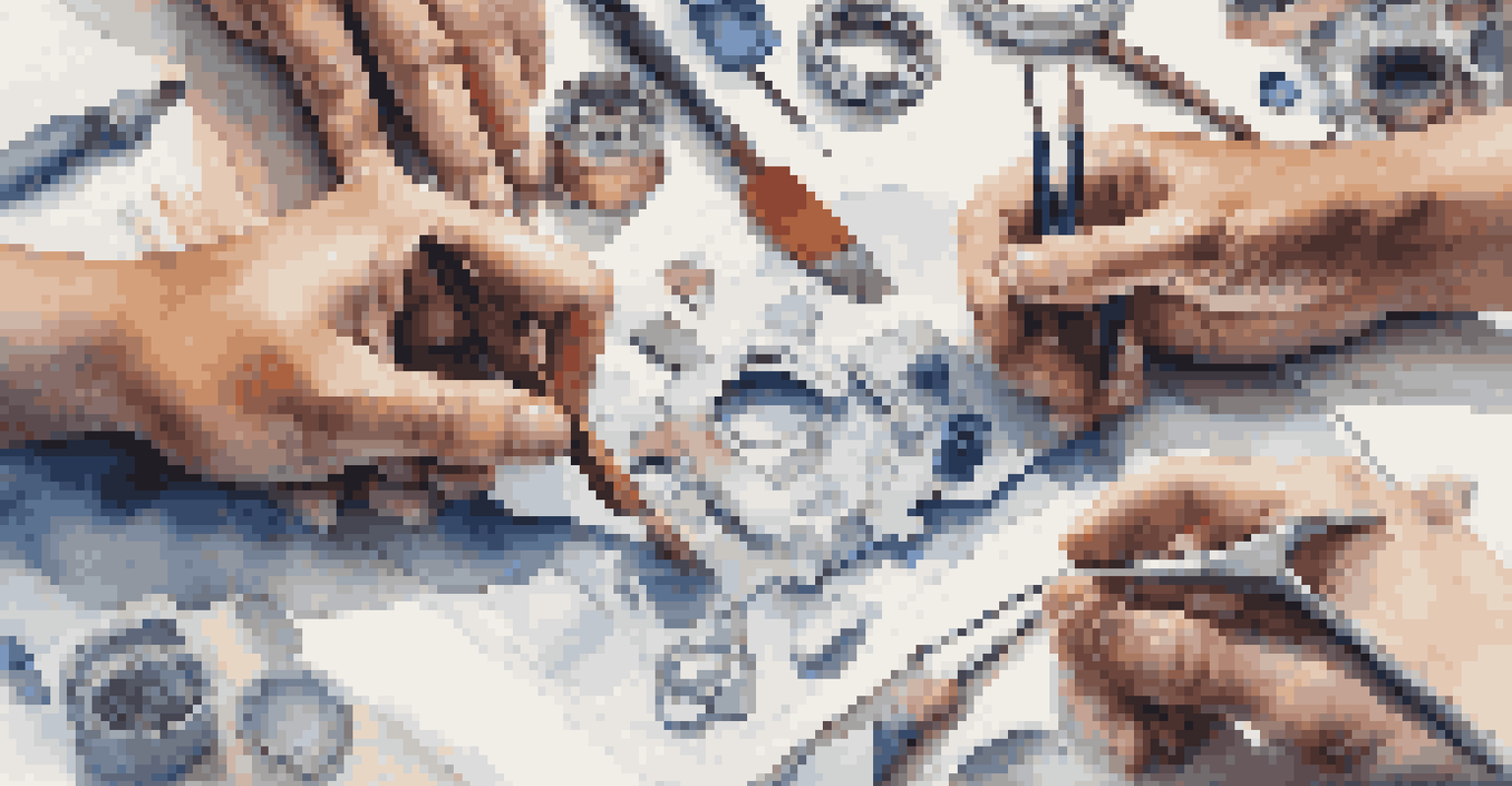 Close-up of diverse hands collaborating on creating a unique product, surrounded by various tools and materials.