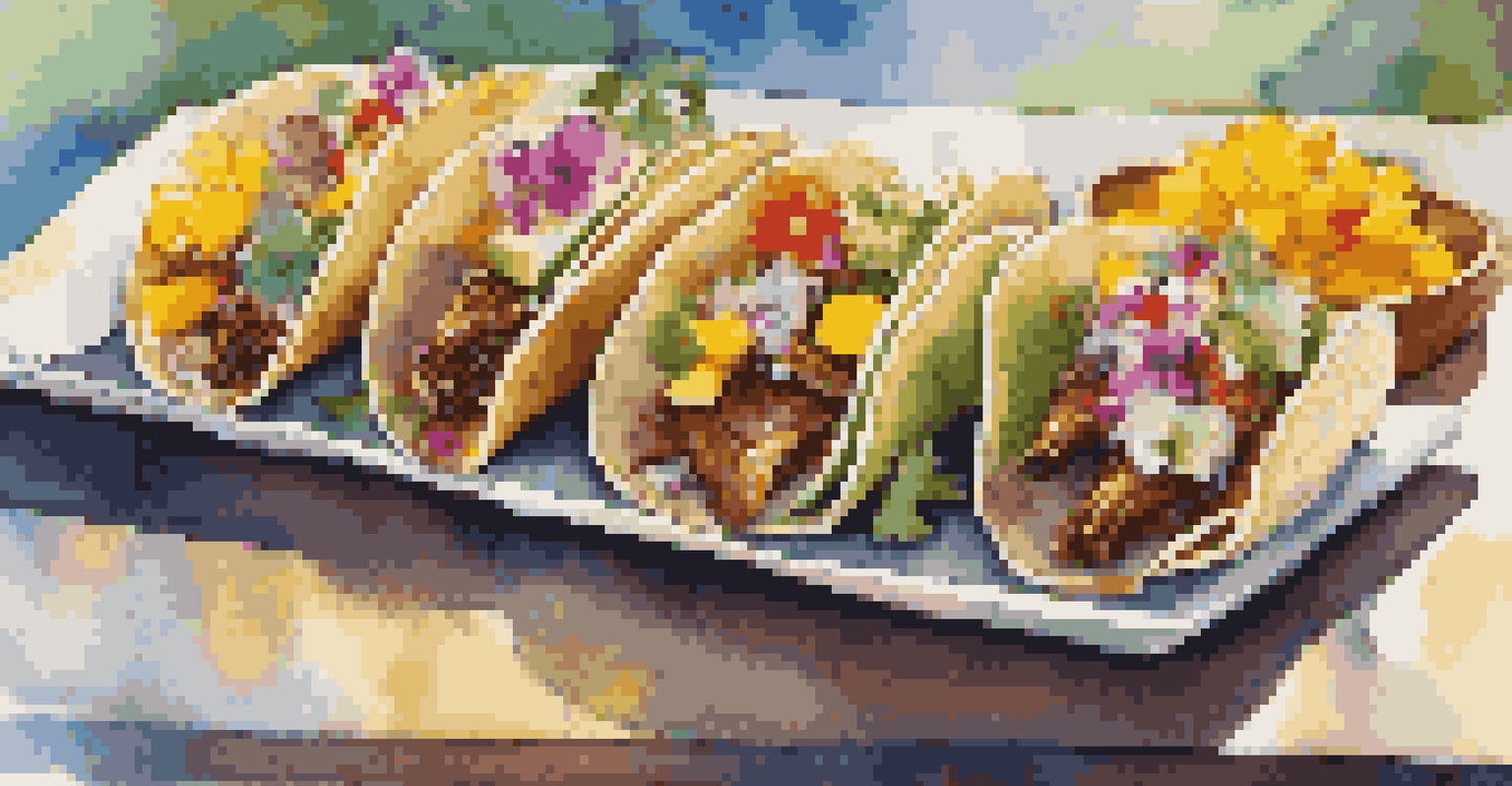 An assortment of luxury tacos including duck confit and mango salsa, garnished with edible flowers, alongside a cucumber salad.