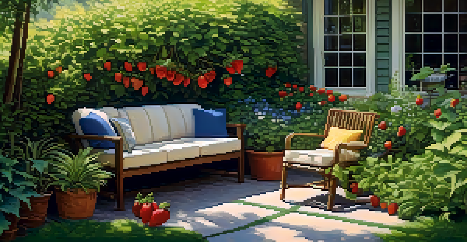 A serene backyard garden with a cozy seating area, fruit-bearing plants, and flowering herbs under dappled sunlight.