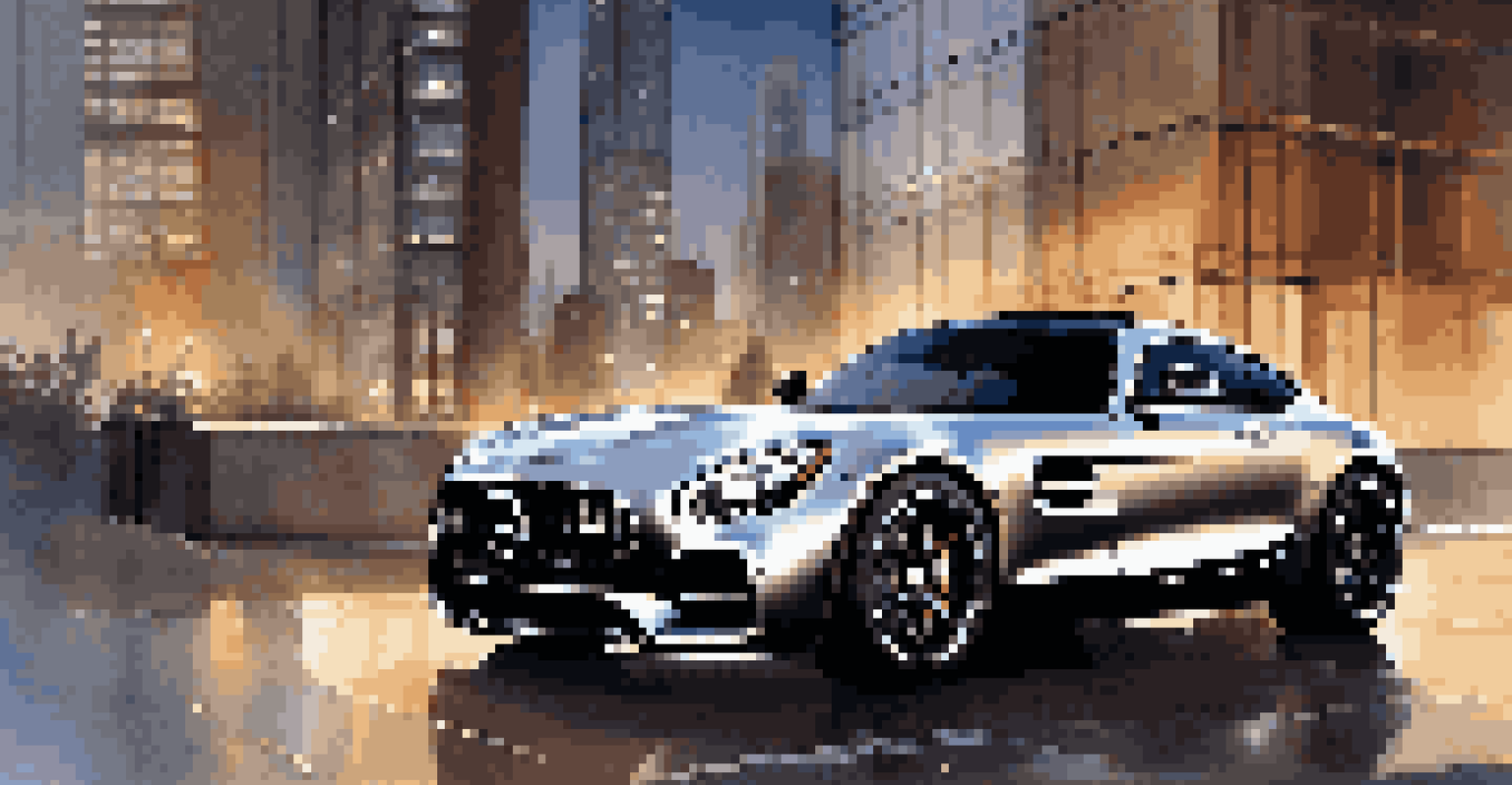 A Mercedes-AMG GT in an urban environment at dusk, with skyscrapers and city lights in the background.