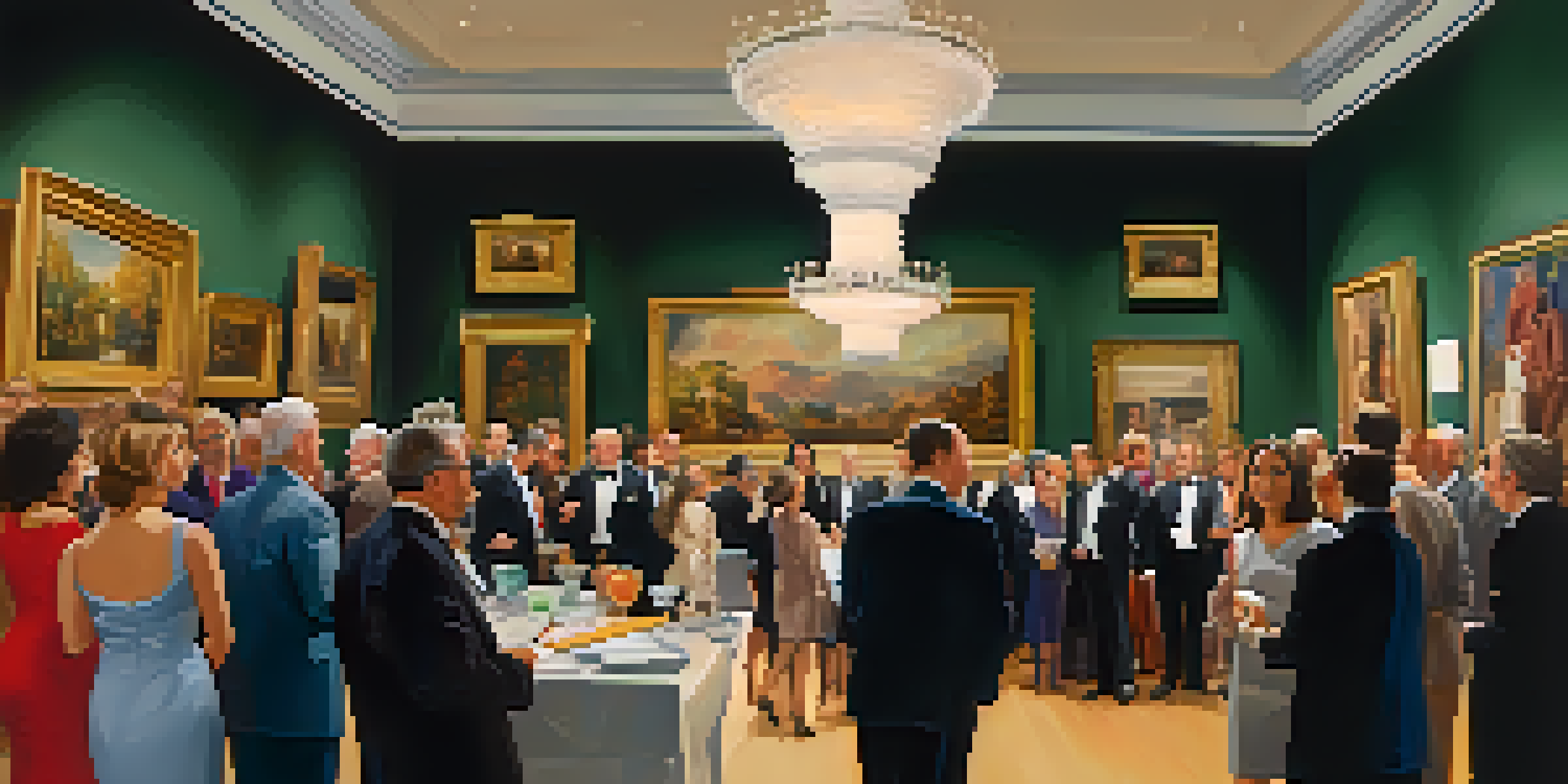 A lively art auction in an elegant gallery with bidders raising paddles and colorful artworks displayed.