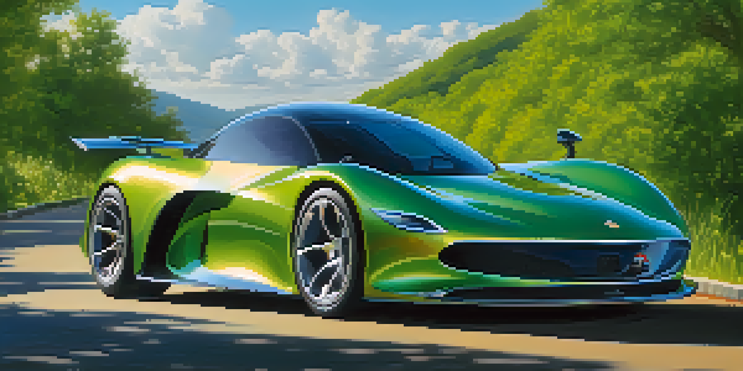 A luxury performance car parked on a winding road with trees and a clear sky in the background.