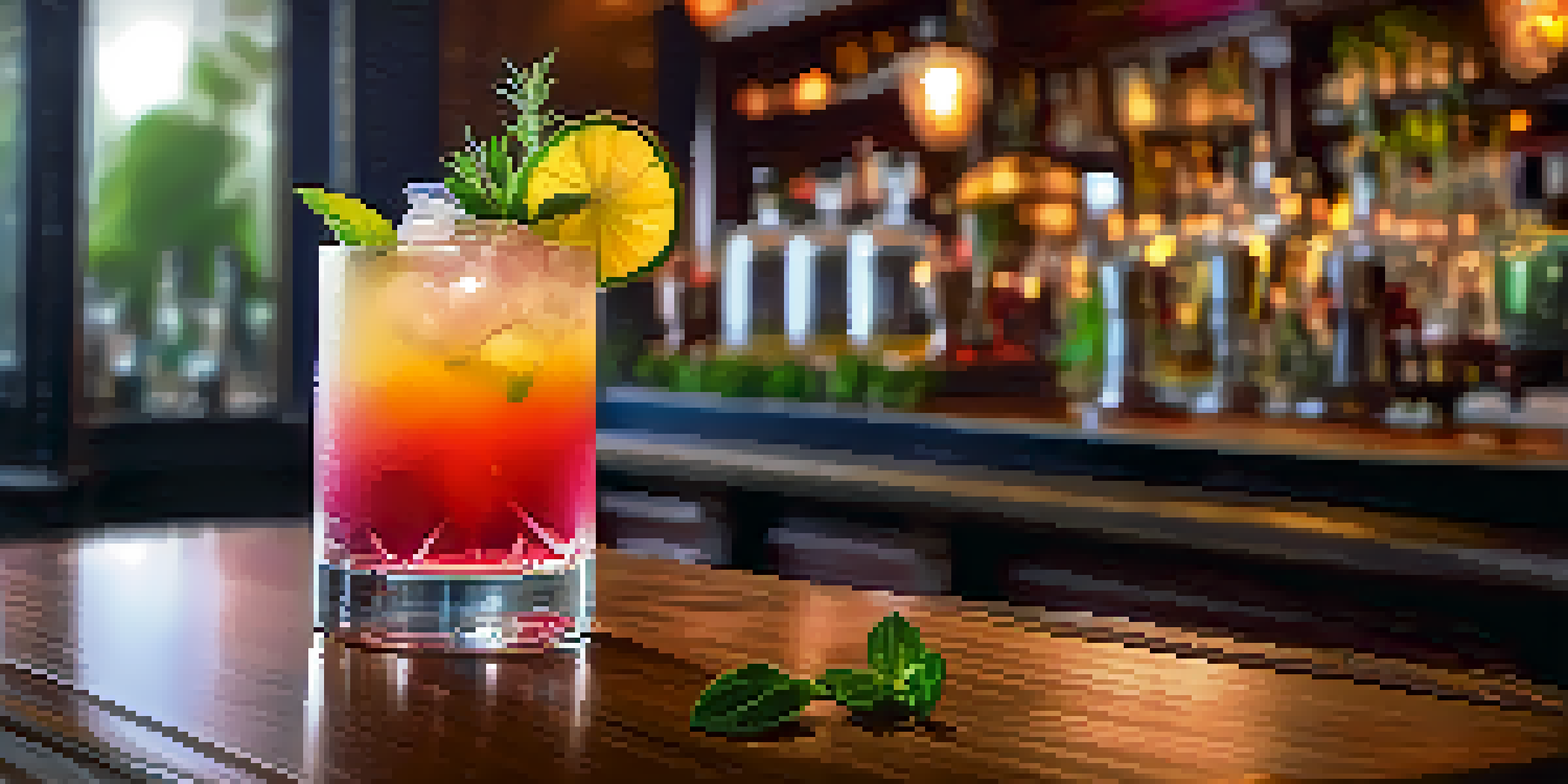 A colorful craft cocktail garnished with fresh herbs and fruit on a wooden bar, with a blurred elegant dining setting in the background.