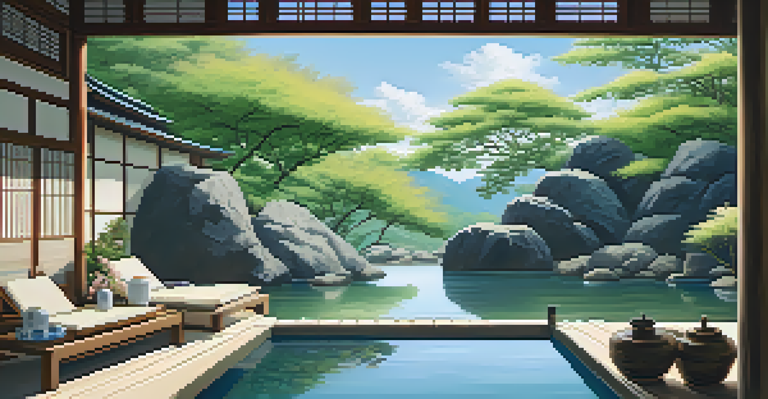 A serene Japanese onsen with a natural hot spring surrounded by rocks and cherry blossoms, guests soaking in the water with sake nearby.