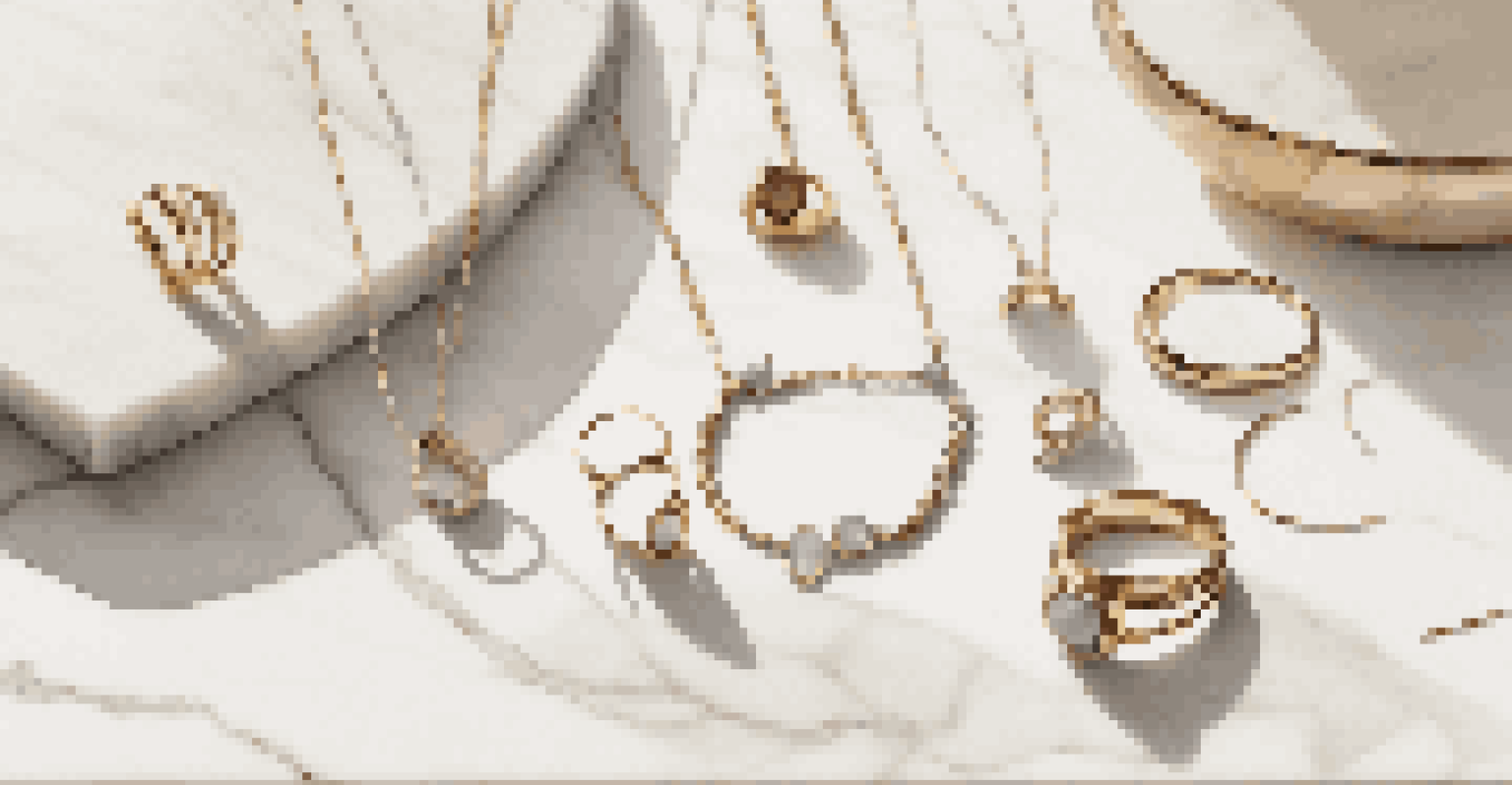 An elegant display of minimalist jewelry, including dainty necklaces and slender rings, arranged on a marble surface with soft natural lighting.