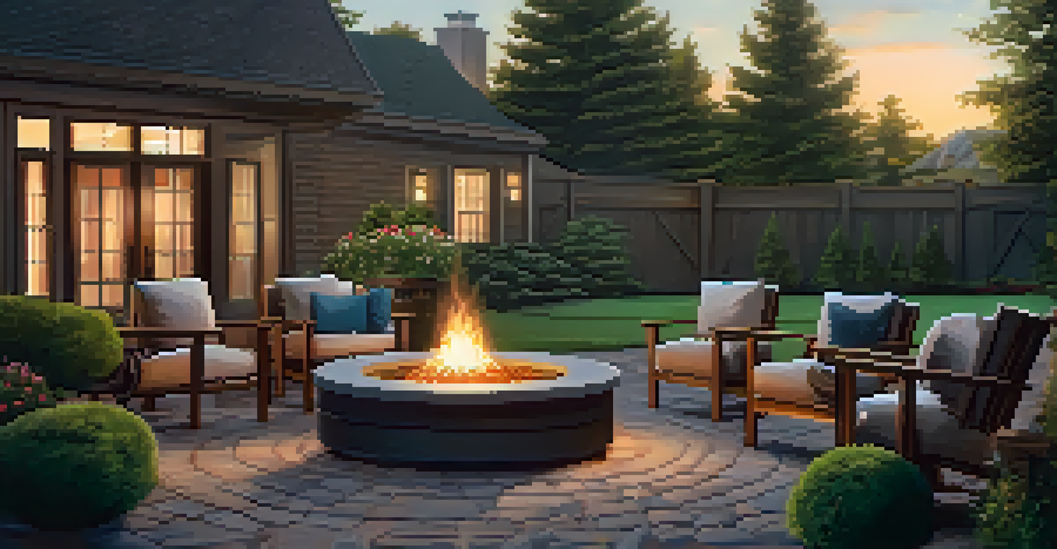 An inviting backyard with a fire pit, cozy seating, and evergreen shrubs, illuminated by warm lantern light.