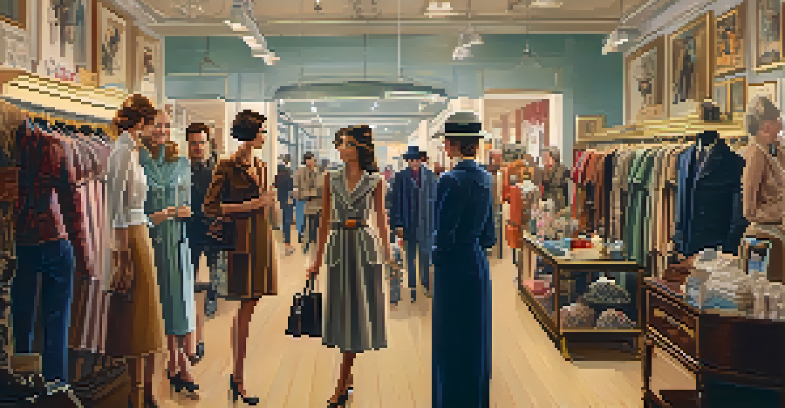 A vintage shopping scene in a boutique with fashionable individuals exploring racks of clothing, surrounded by retro decor and soft lighting, conveying the joy of vintage discovery.